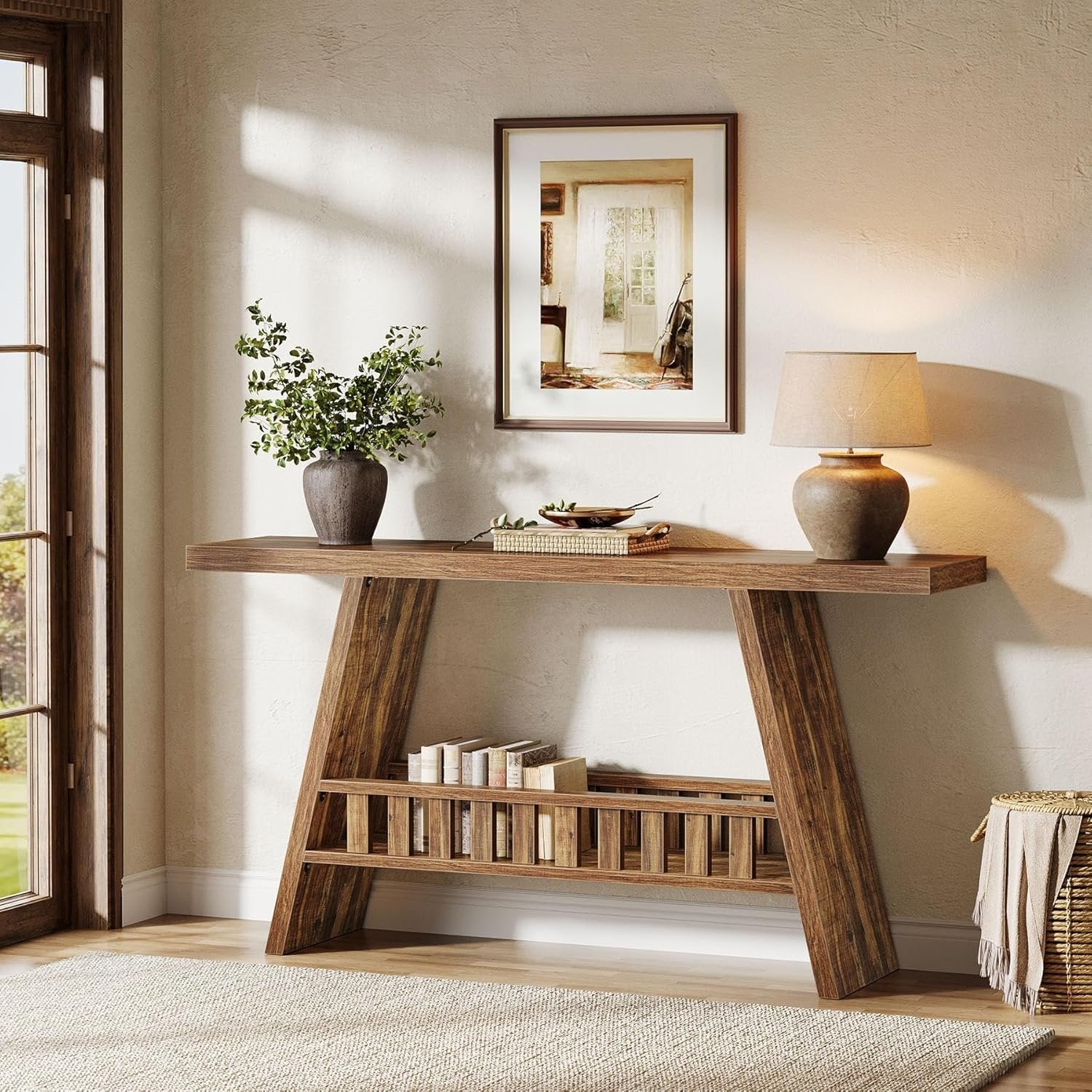 Tribesigns Farmhouse Table console rustique de 160 cm avec rangement pour couloir, salon, marron
