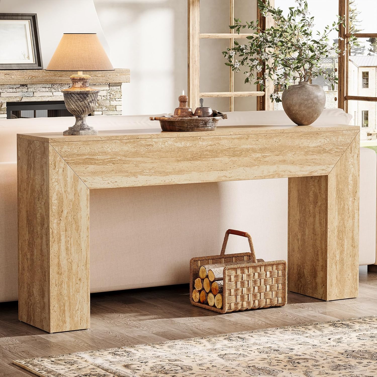 Table basse 160 cm aspect travertin, Console fine pour couloir et salon avec structure stable