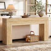Table basse 160 cm aspect travertin, Console fine pour couloir et salon avec structure stable 3