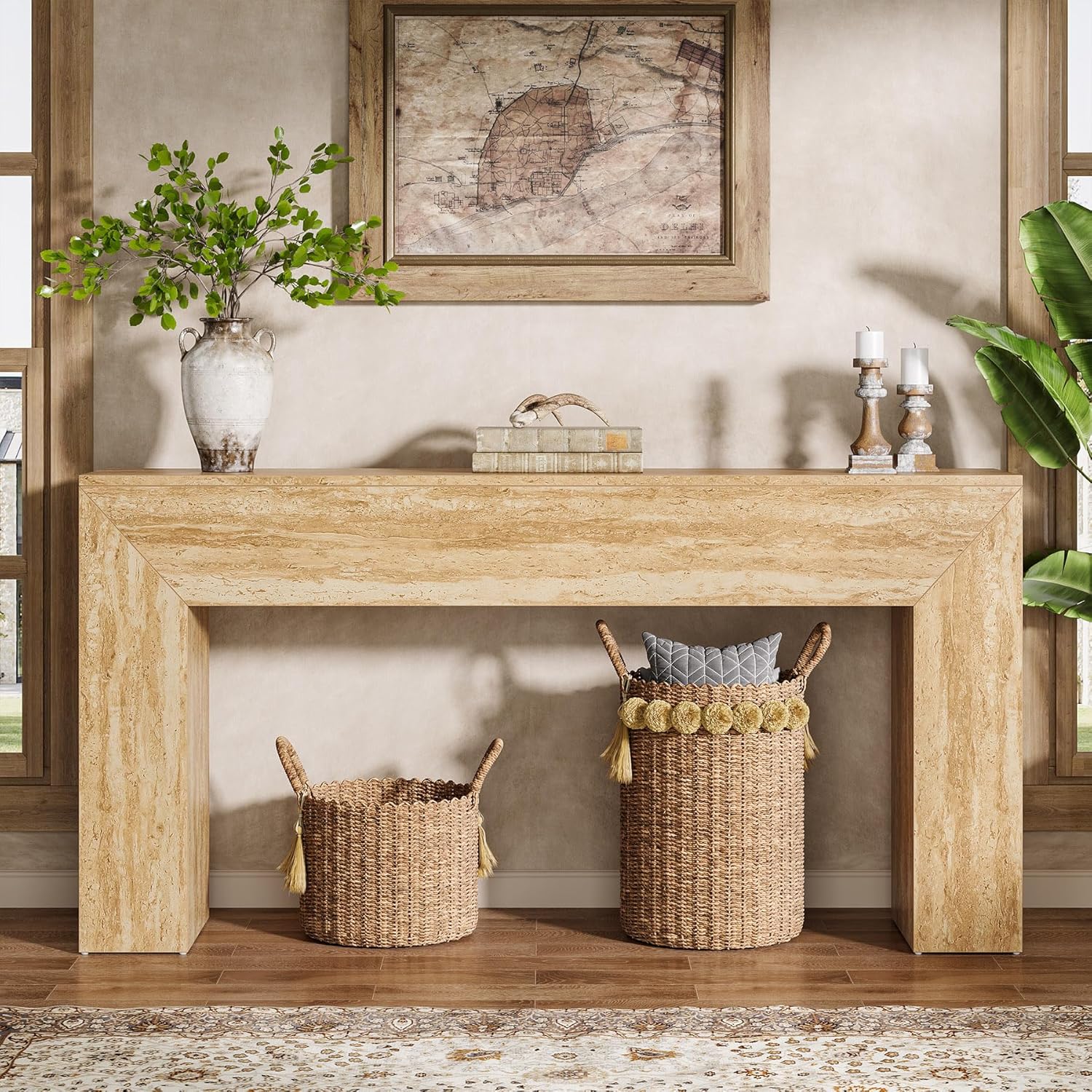 Table basse 160 cm aspect travertin, Console fine pour couloir et salon avec structure stable