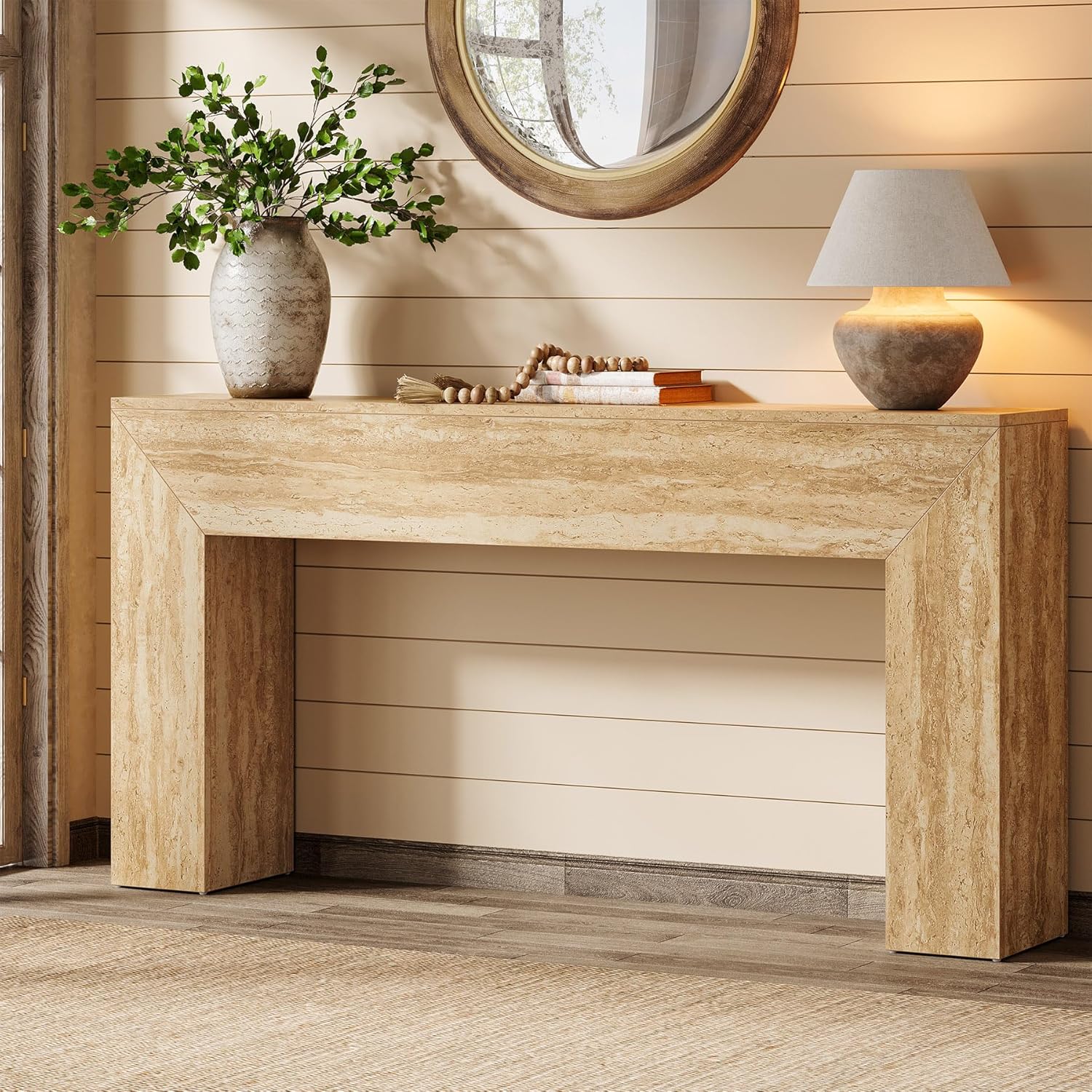 Table basse 160 cm aspect travertin, Console fine pour couloir et salon avec structure stable