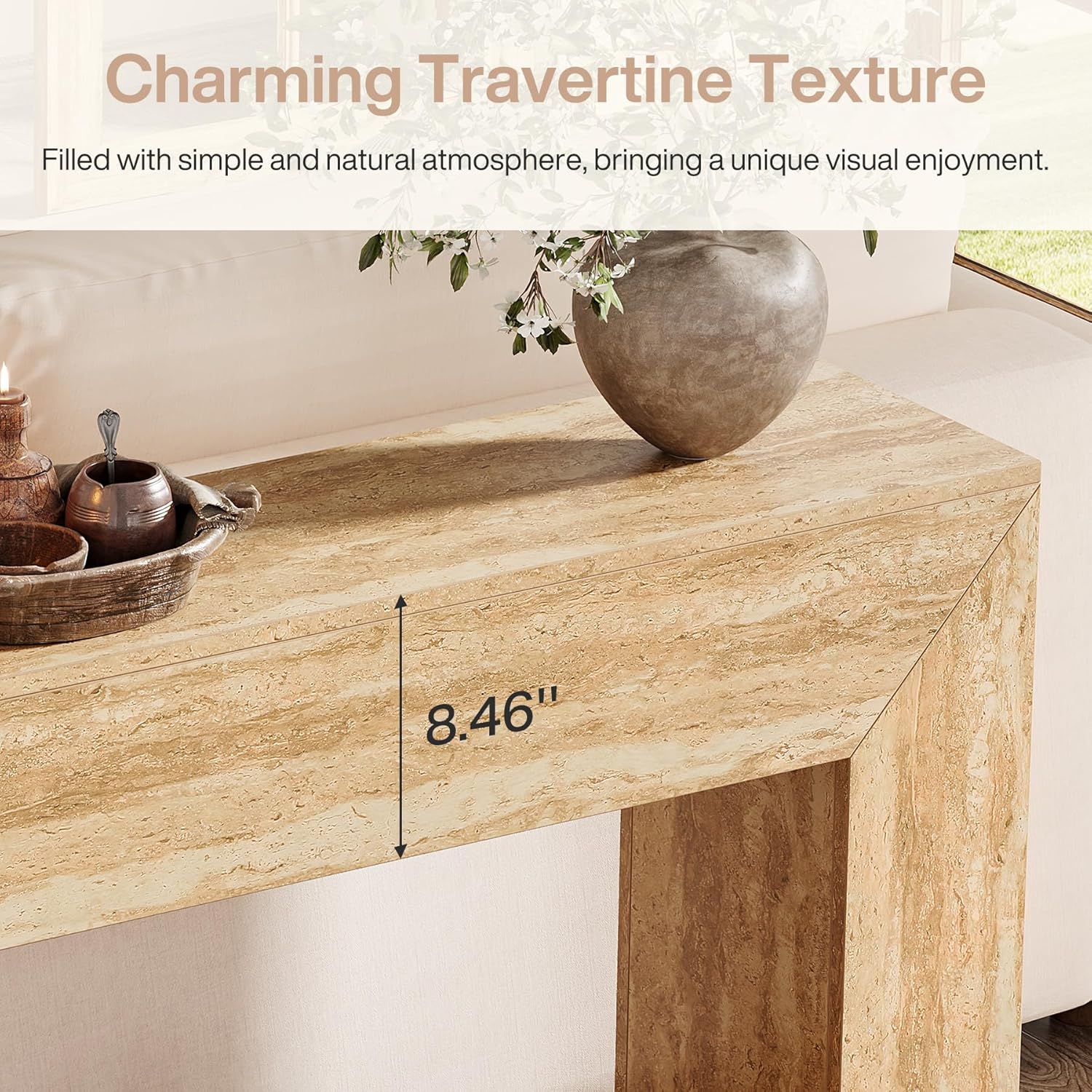 Table basse 160 cm aspect travertin, Console fine pour couloir et salon avec structure stable