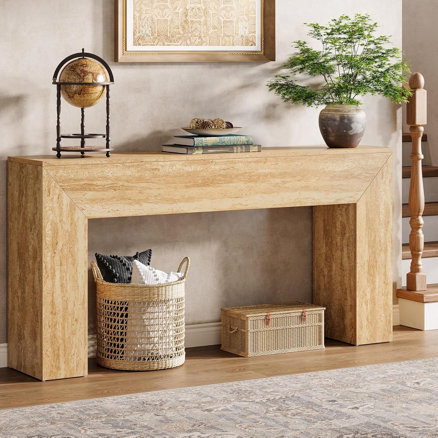 Table basse 160 cm aspect travertin, Console fine pour couloir et salon avec structure stable