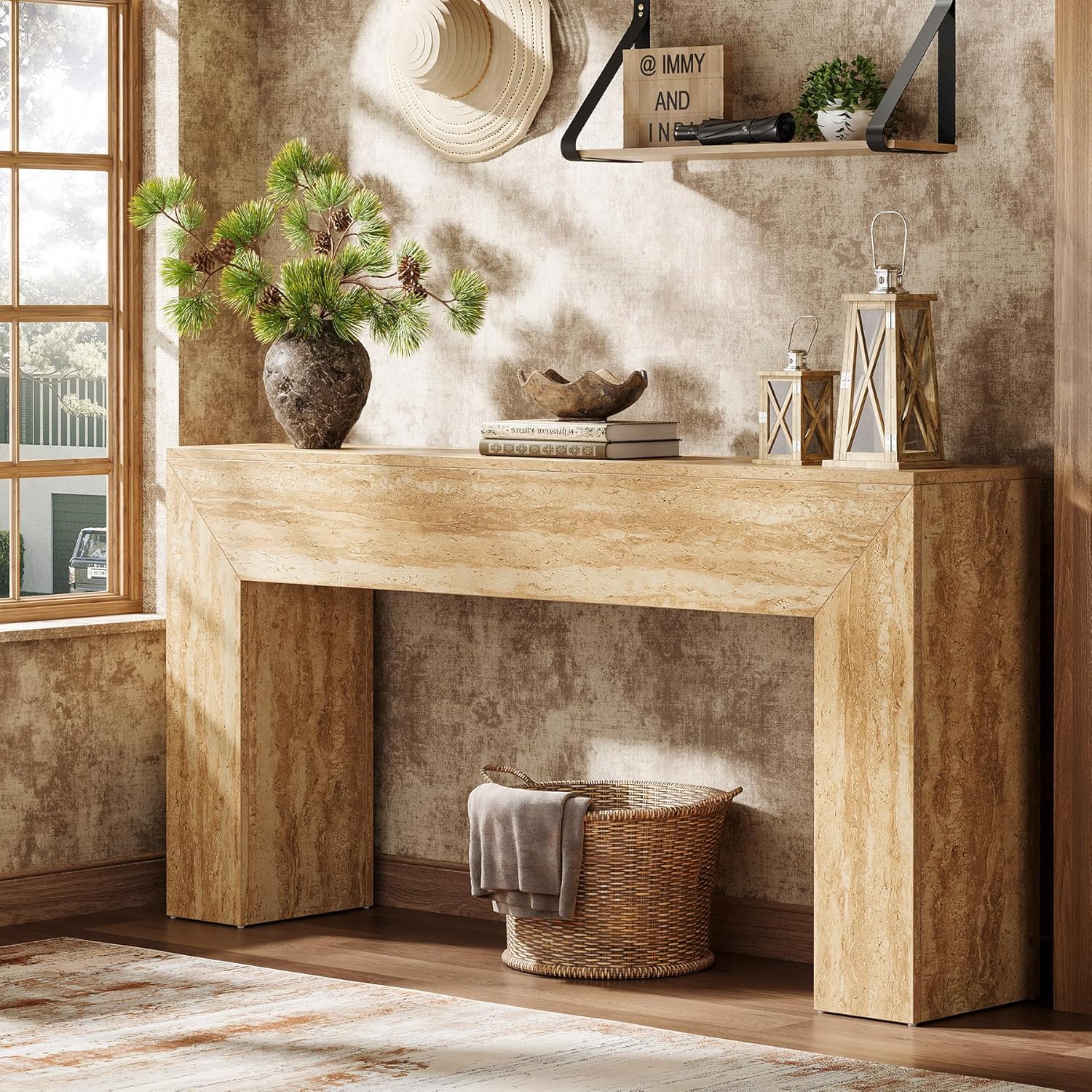 Table basse 160 cm aspect travertin, Console fine pour couloir et salon avec structure stable