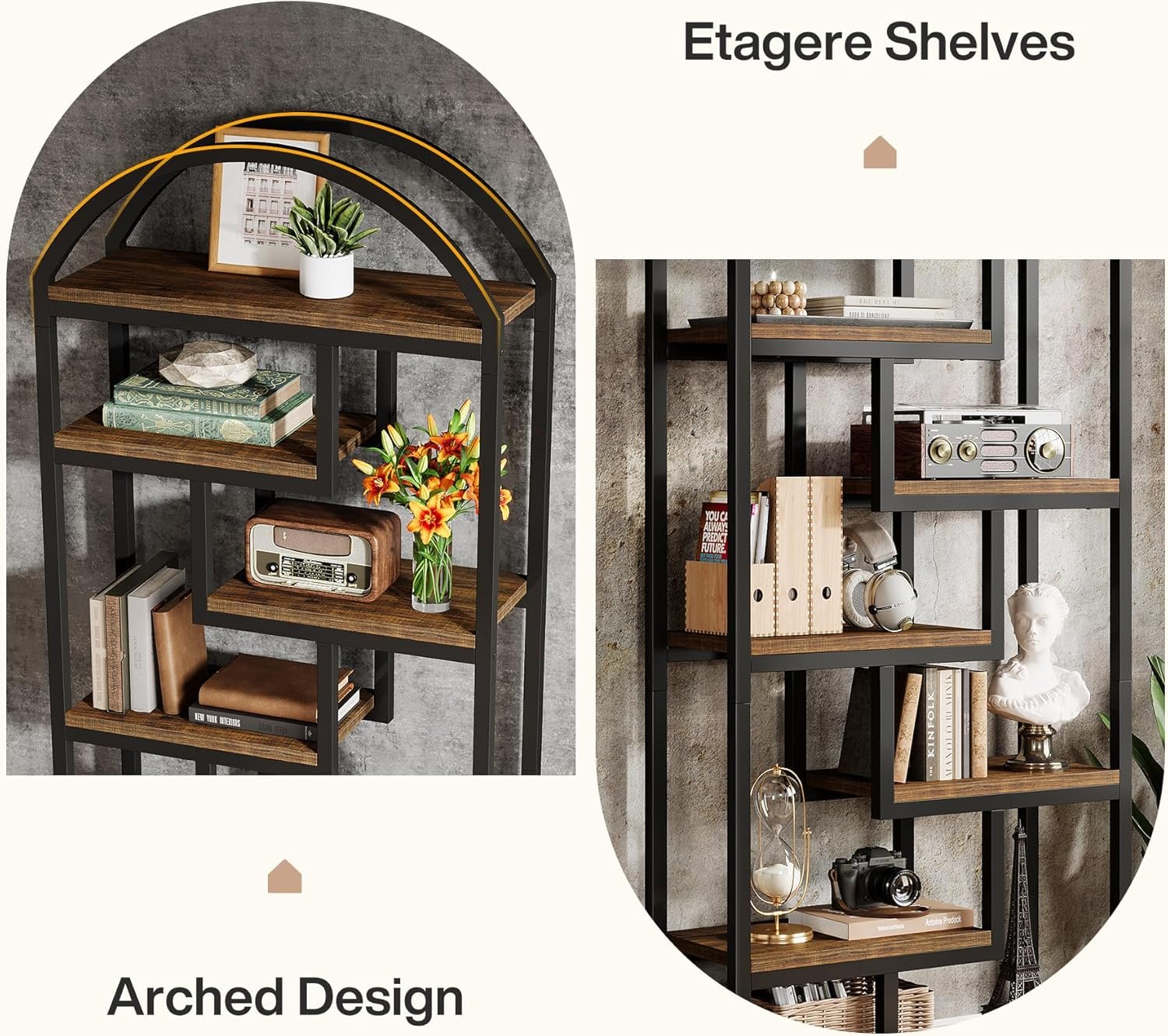 Tribesigns Bibliothèque de style industriel de 180 cm, Étagère autoportante à 7 niveaux avec cadre en métal