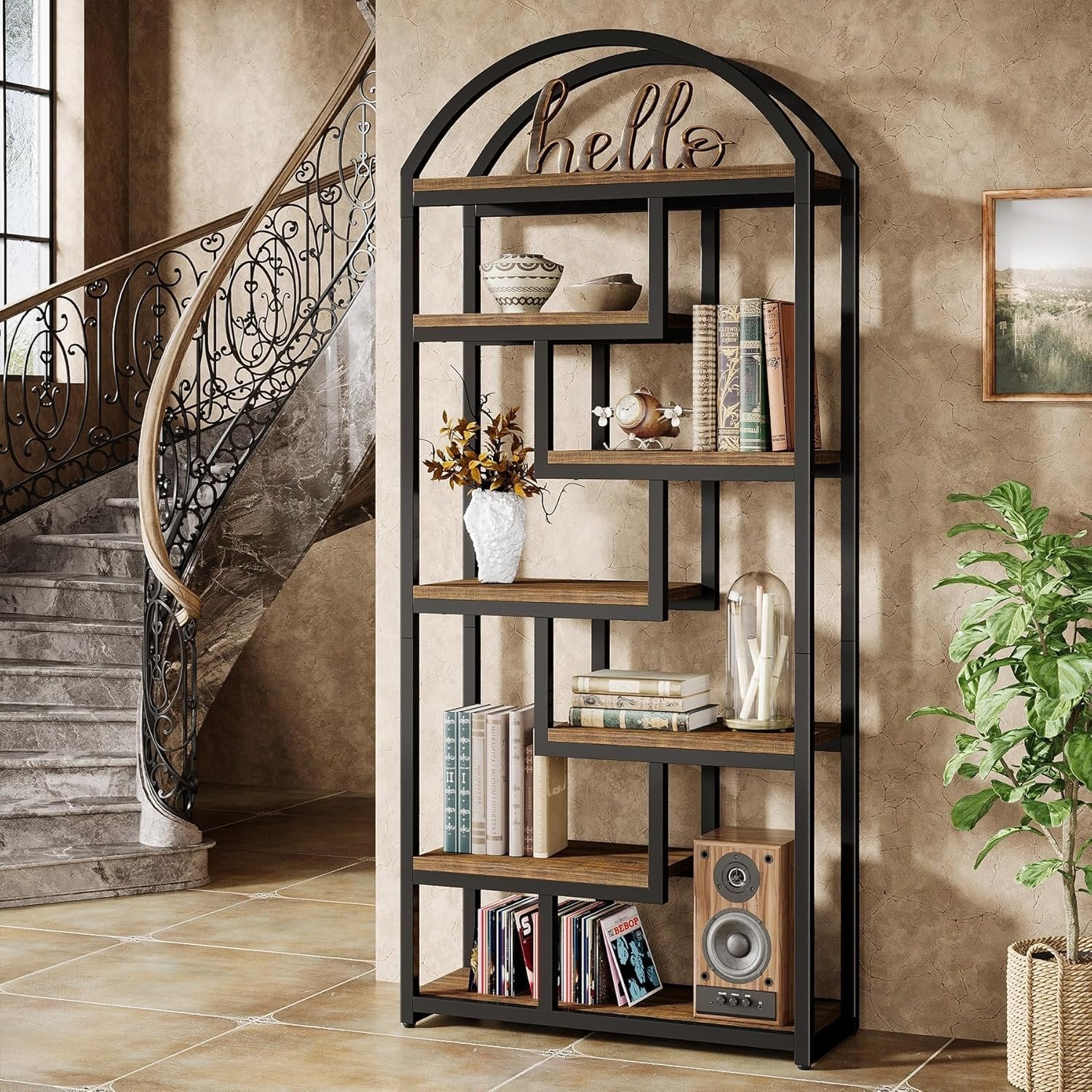 Tribesigns Bibliothèque de style industriel de 180 cm, Étagère autoportante à 7 niveaux avec cadre en métal