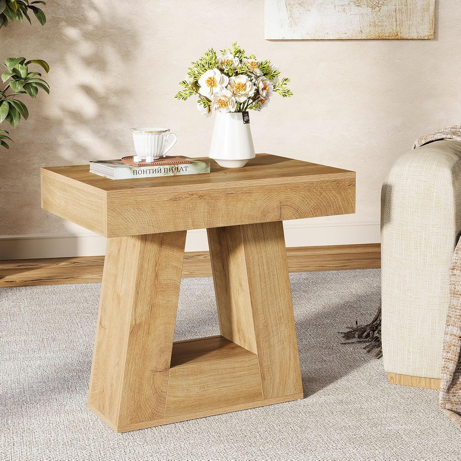 24" End Table, 2 - Tier Narrow Side Table with Trapezoid Base Tribesigns