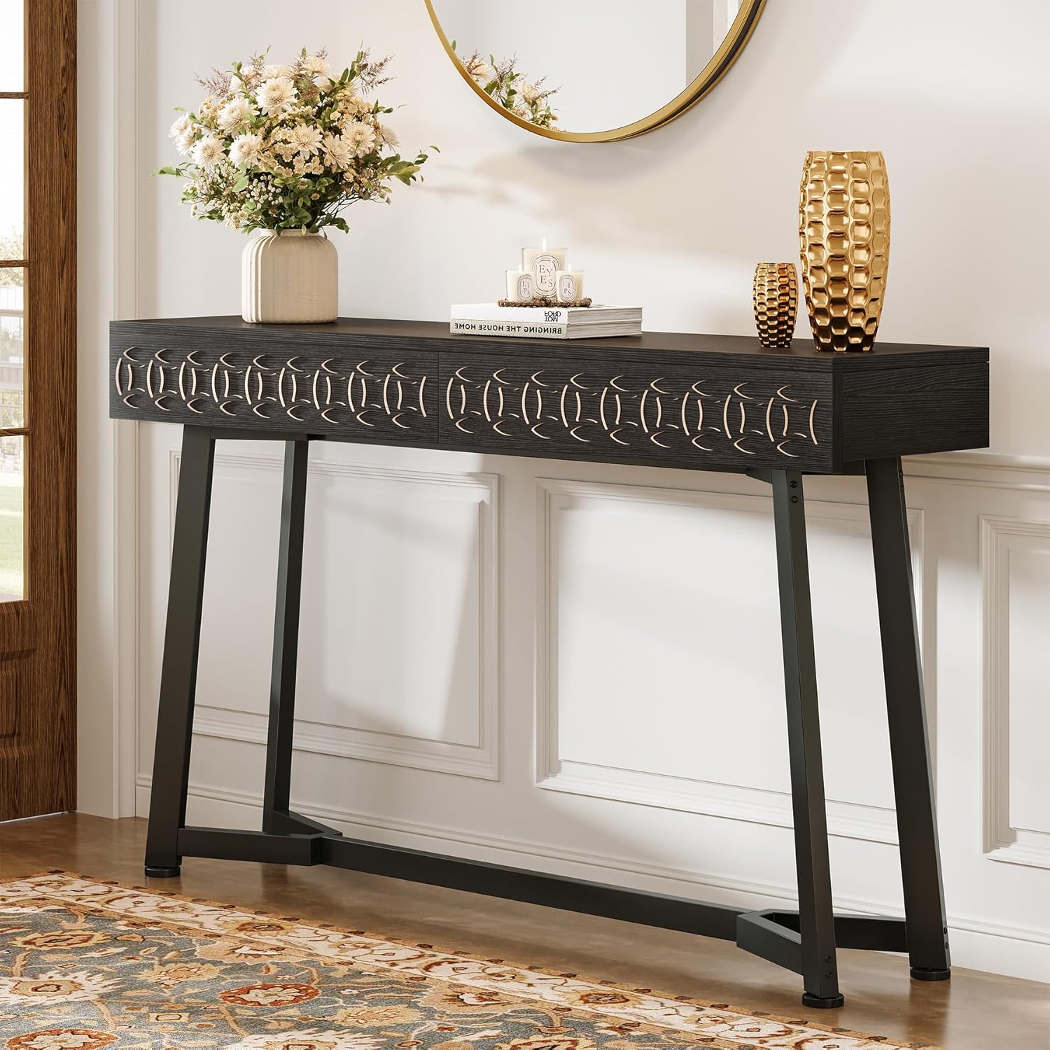Tribesigns 140 cm Moderne Table Console, Table d'entrée Noire avec 2 tiroirs
