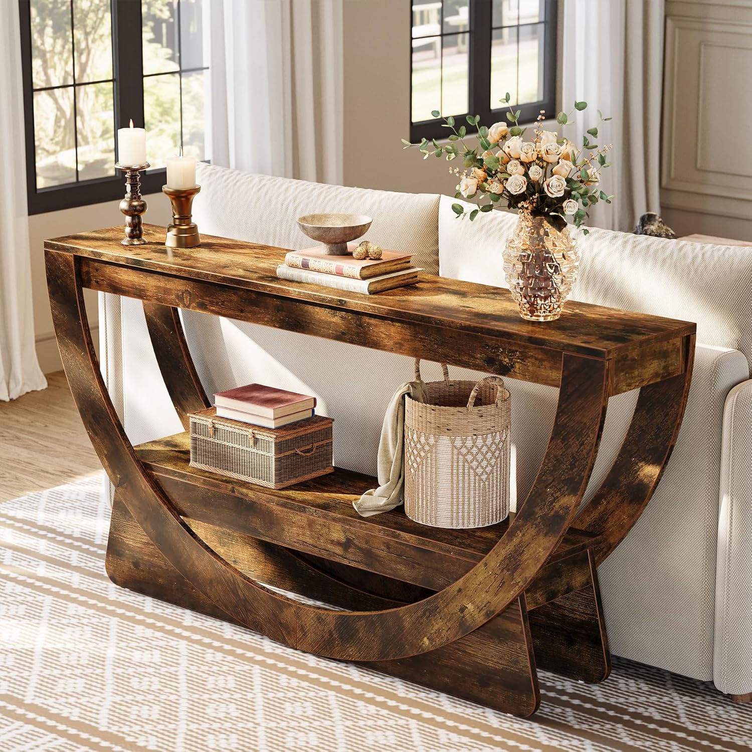 Tribesigns Table Console 160 cm, Industrielle Table d'entrée à Deux Fermier avec étagères de Rangement