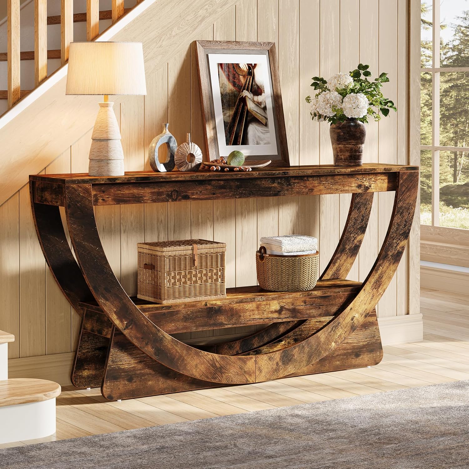 Tribesigns Table Console 160 cm, Industrielle Table d'entrée à Deux Fermier avec étagères de Rangement