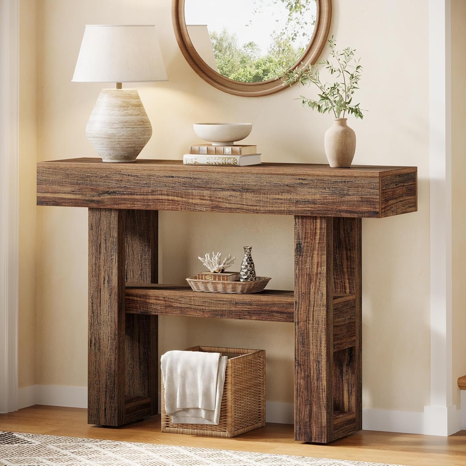 Tribesigns Farmhouse Table console étroite à 2 niveaux, Meuble d'entrée avec compartiments de rangement