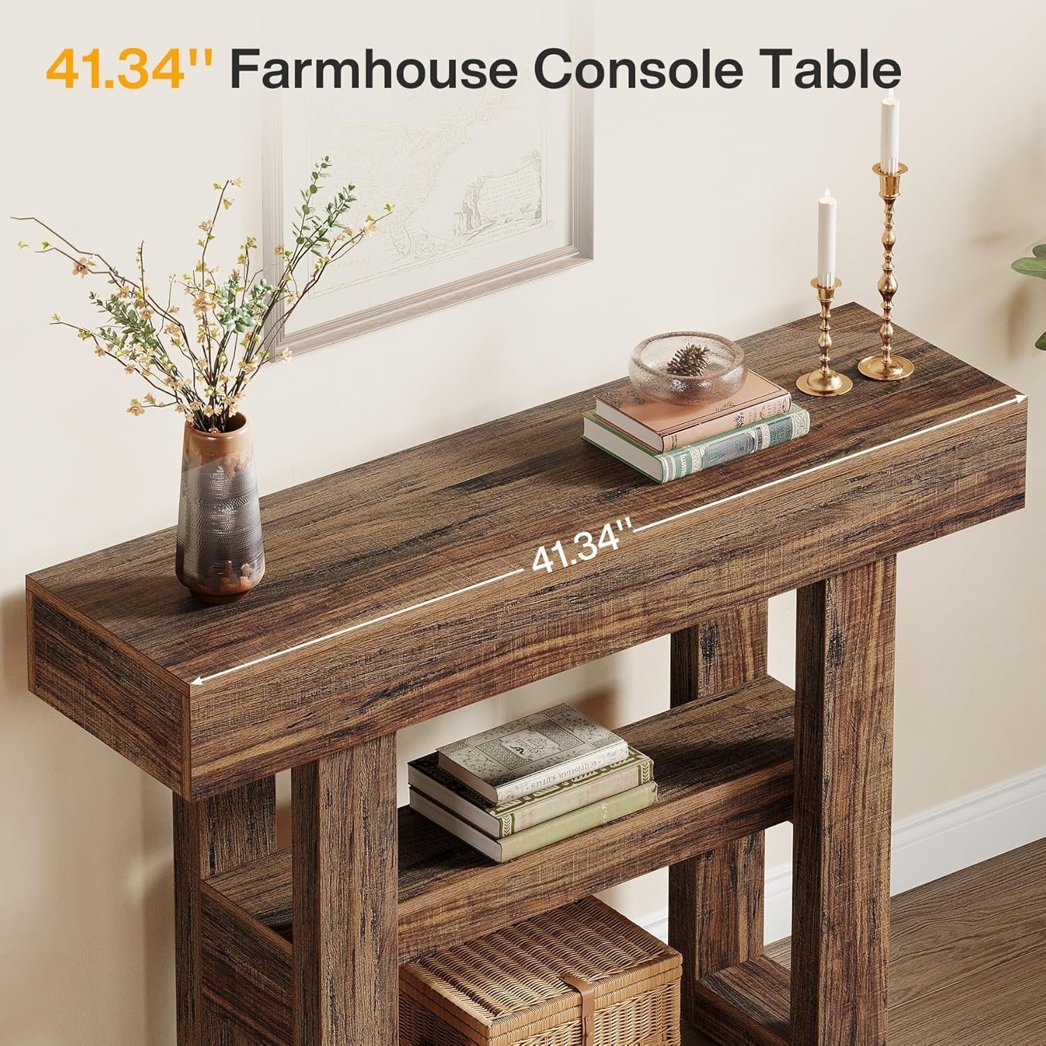 Tribesigns Farmhouse Table console étroite à 2 niveaux, Meuble d'entrée avec compartiments de rangement