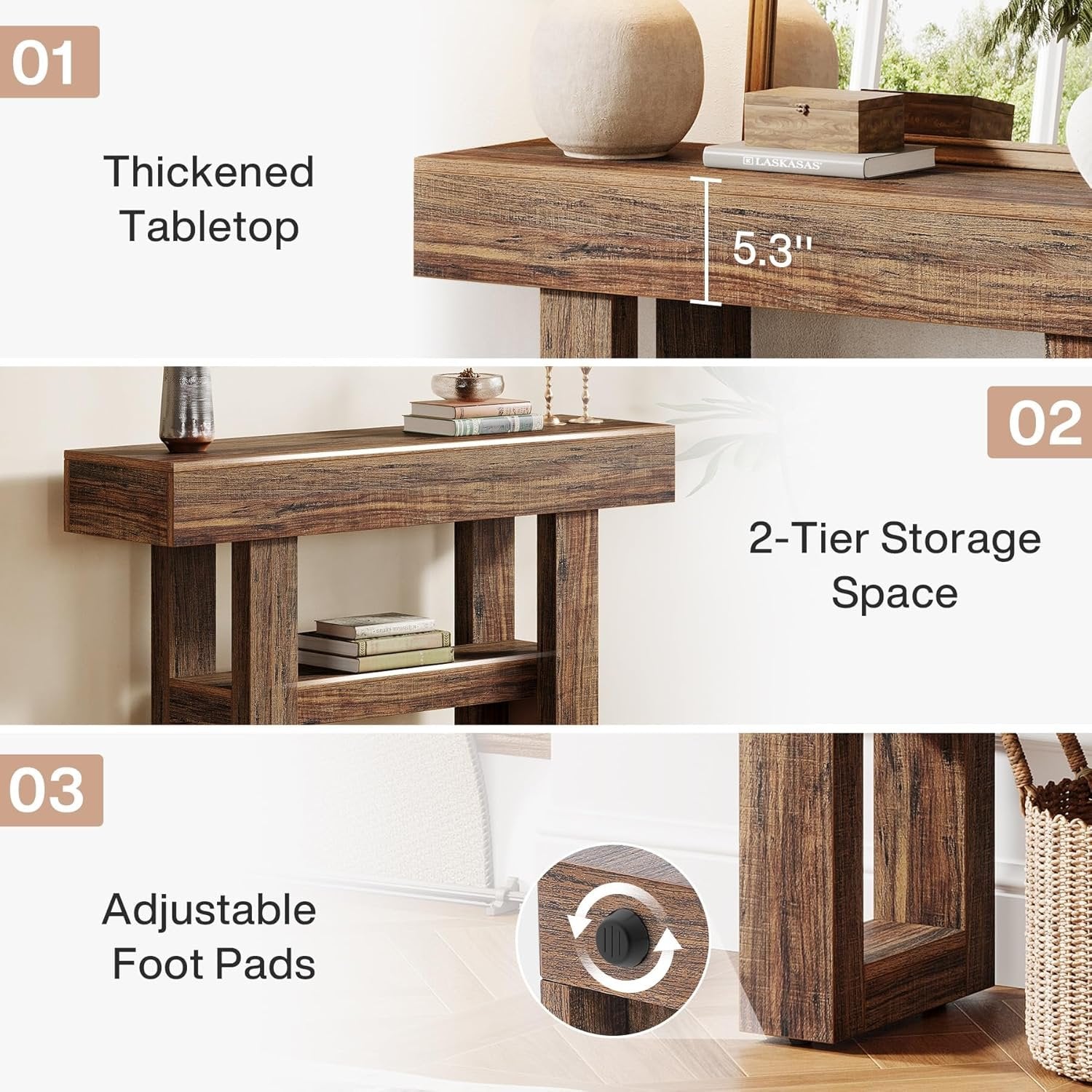 Tribesigns Farmhouse Table console étroite à 2 niveaux, Meuble d'entrée avec compartiments de rangement