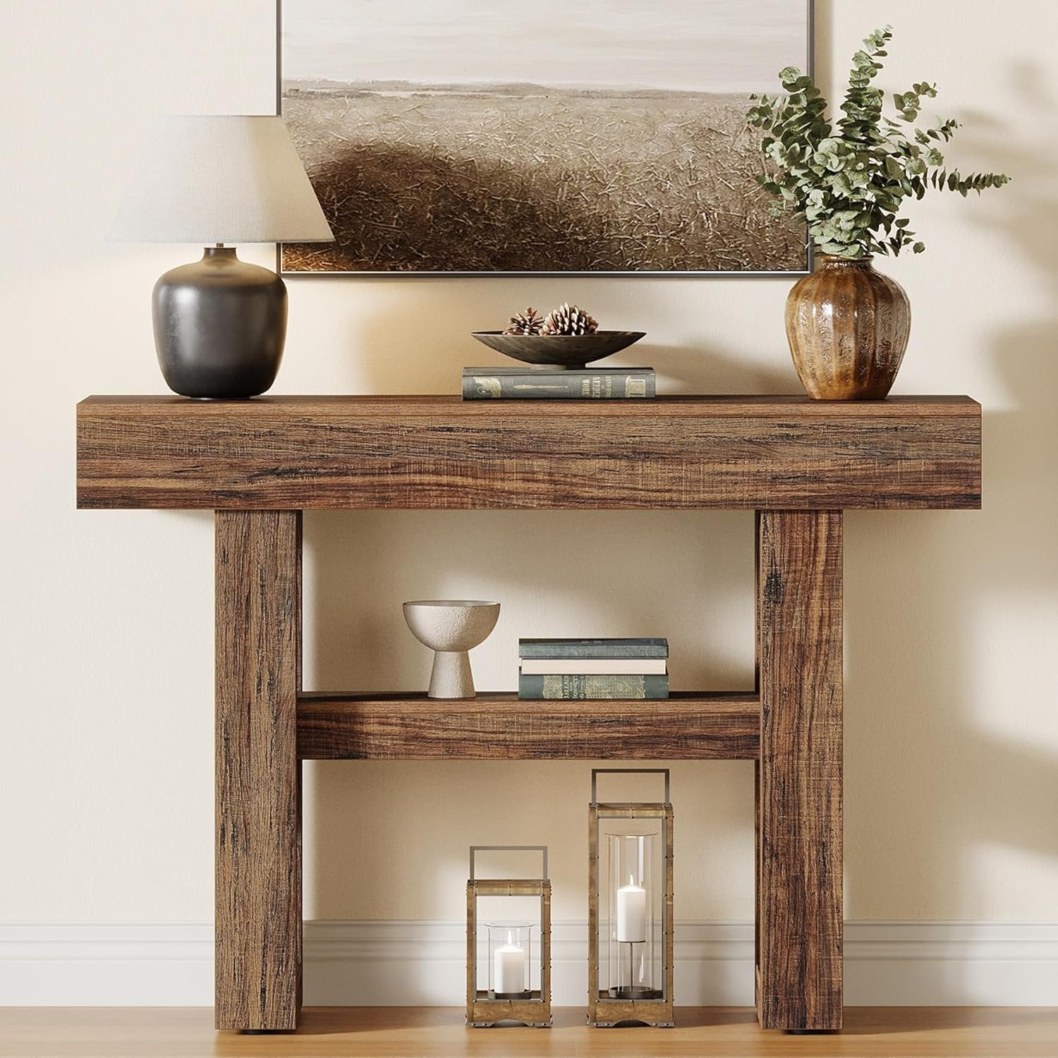 Tribesigns Farmhouse Table console étroite à 2 niveaux, Meuble d'entrée avec compartiments de rangement
