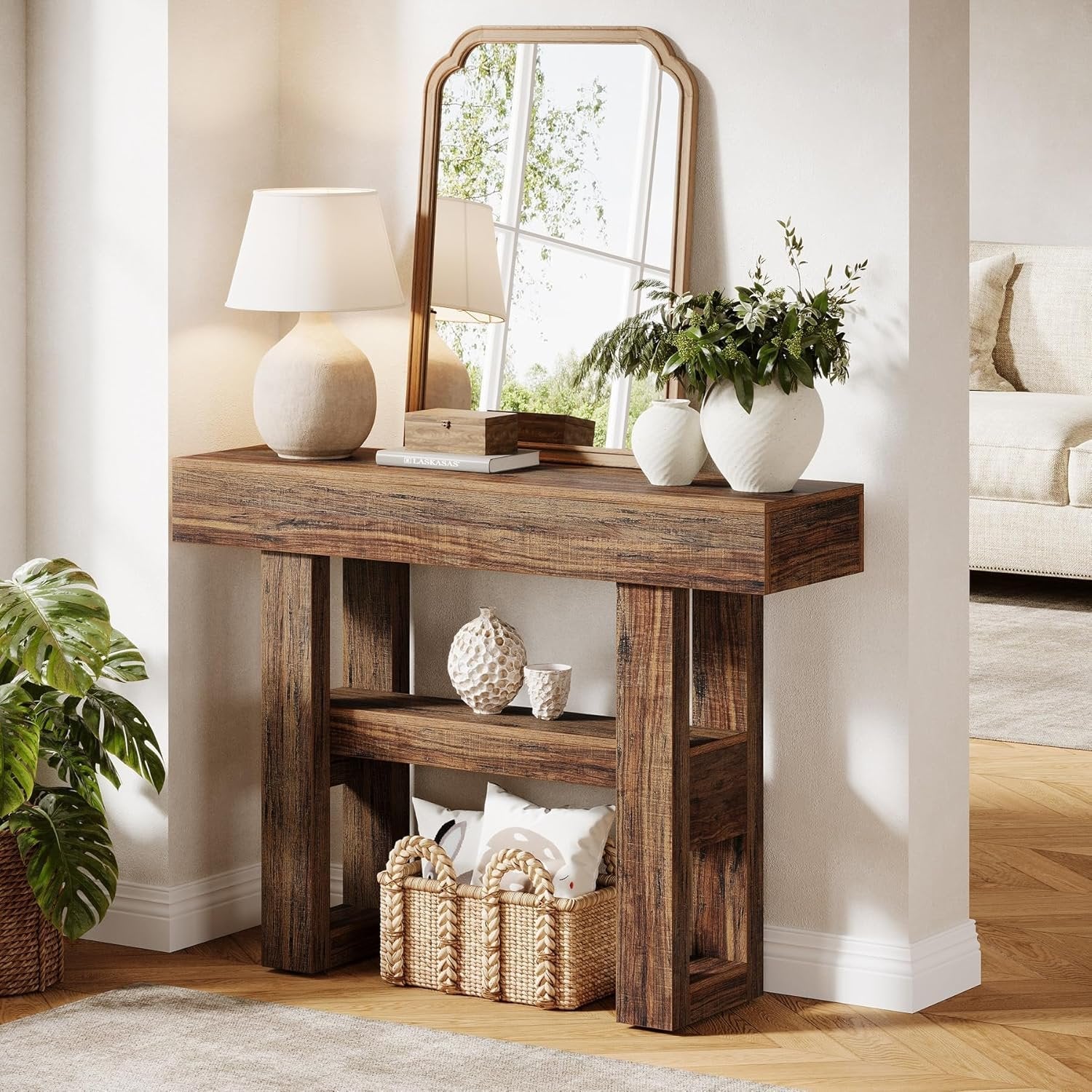 Tribesigns Farmhouse Table console étroite à 2 niveaux, Meuble d'entrée avec compartiments de rangement