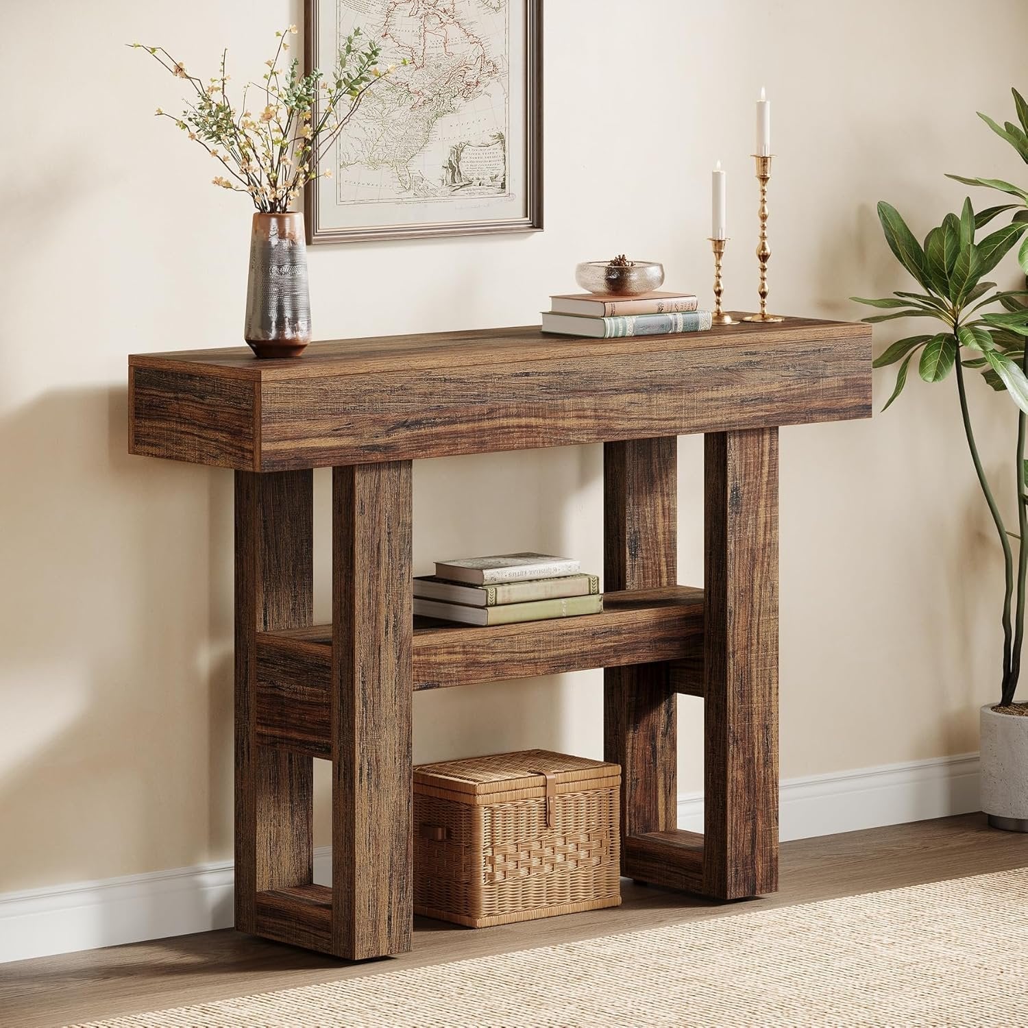Tribesigns Farmhouse Table console étroite à 2 niveaux, Meuble d'entrée avec compartiments de rangement