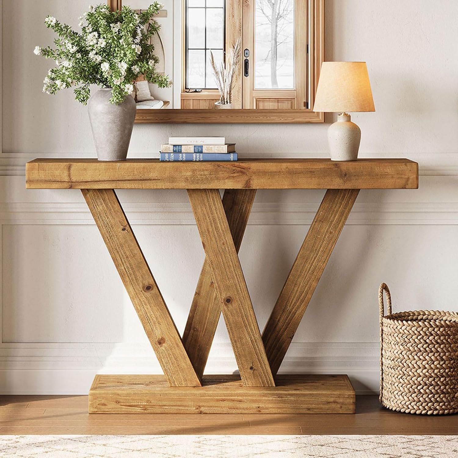 Tribesigns Table console en bois massif 120 cm avec double base en forme de V pour salon