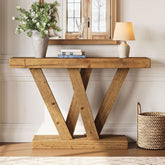 Tribesigns Table console en bois massif 120 cm avec double base en forme de V pour salon 3