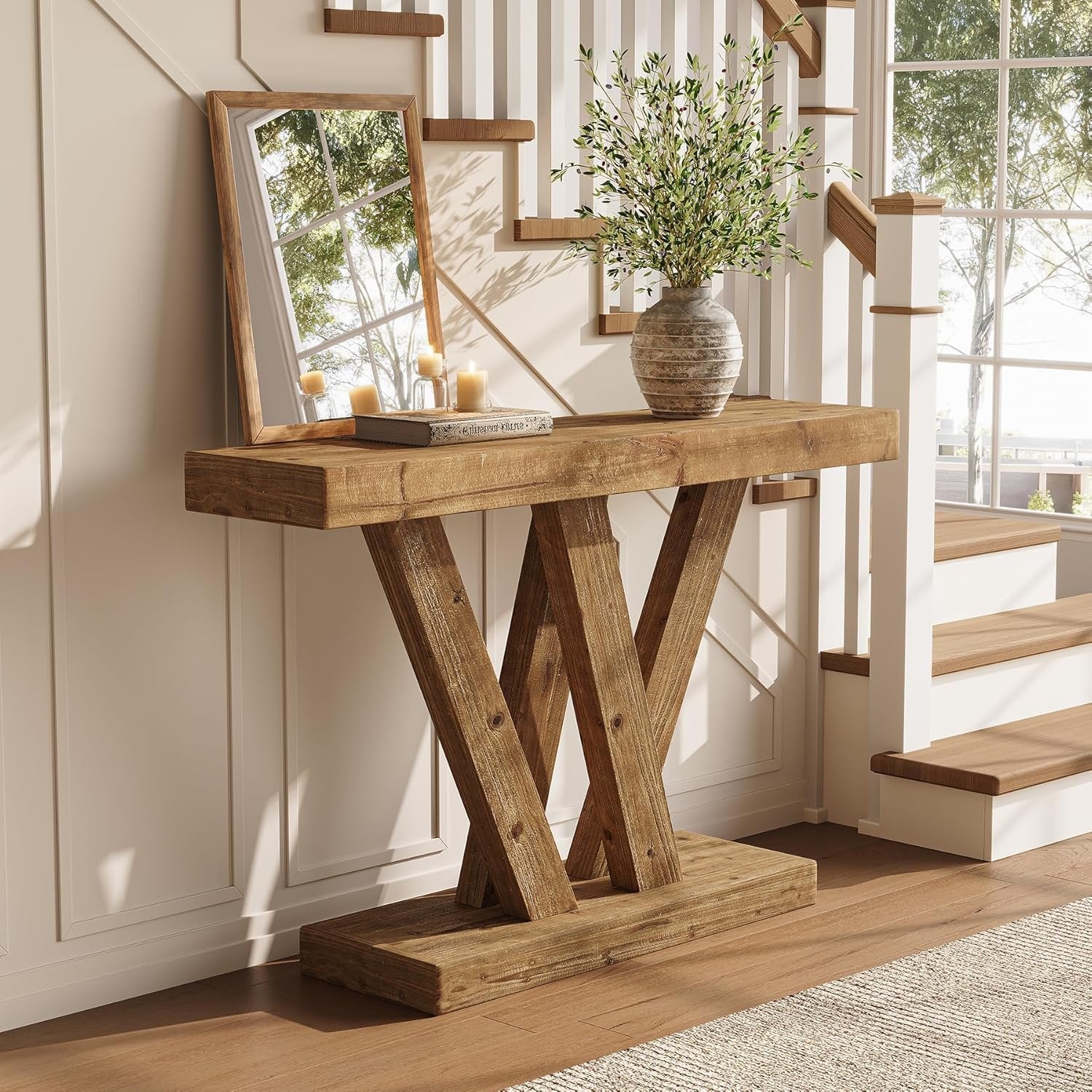 Tribesigns Table console en bois massif 120 cm avec double base en forme de V pour salon