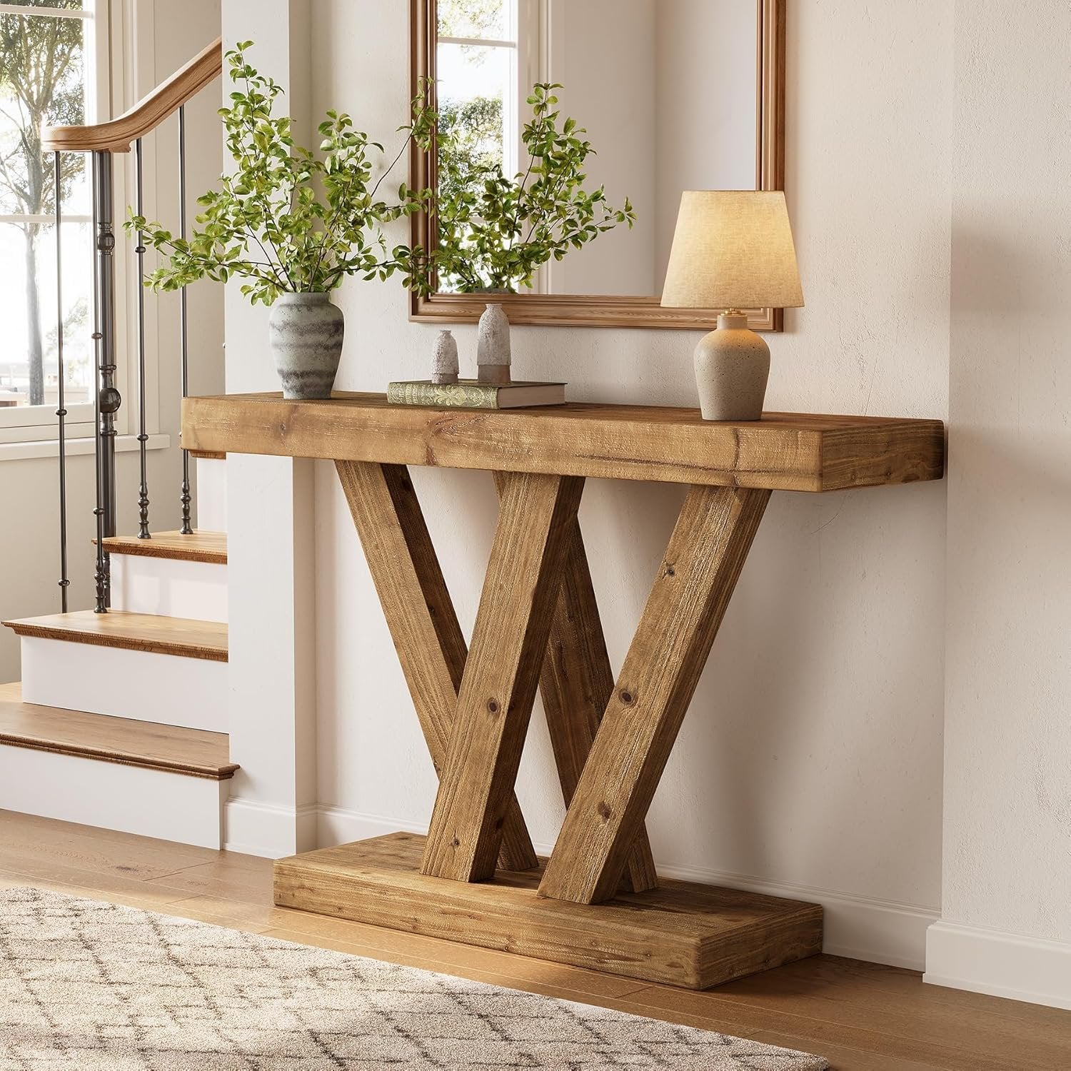 Tribesigns Table console en bois massif 120 cm avec double base en forme de V pour salon