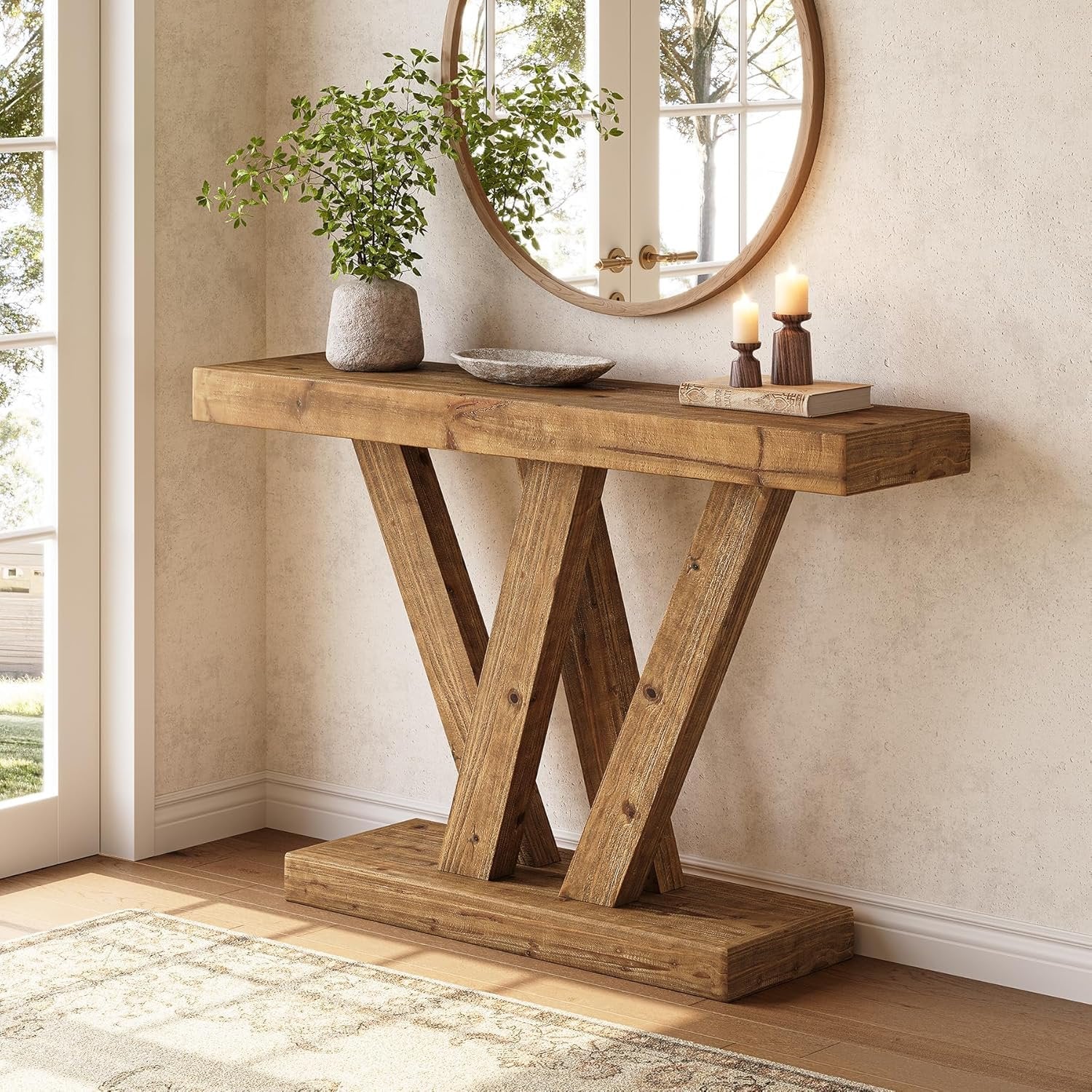 Tribesigns Table console en bois massif 120 cm avec double base en forme de V pour salon