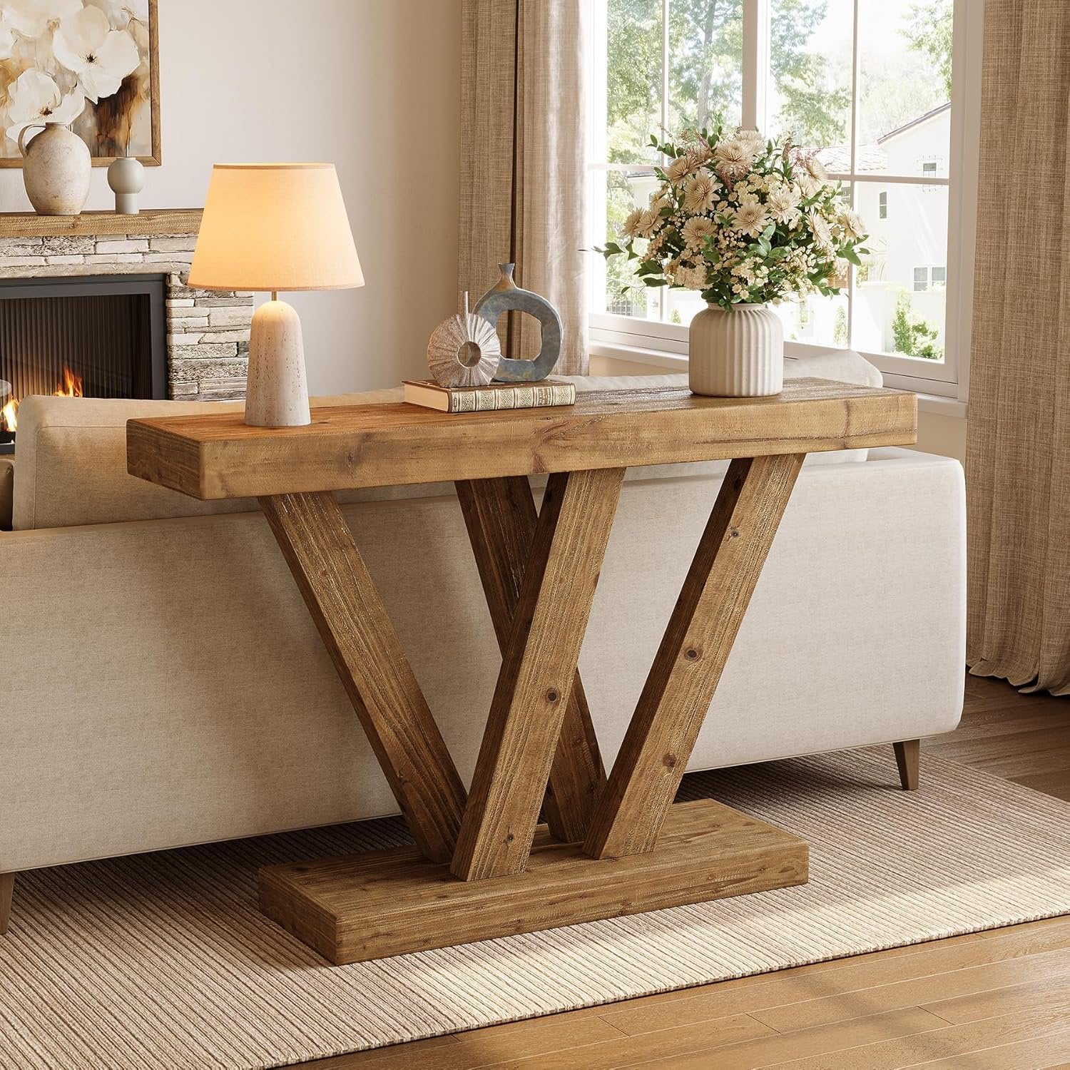 Tribesigns Table console en bois massif 120 cm avec double base en forme de V pour salon