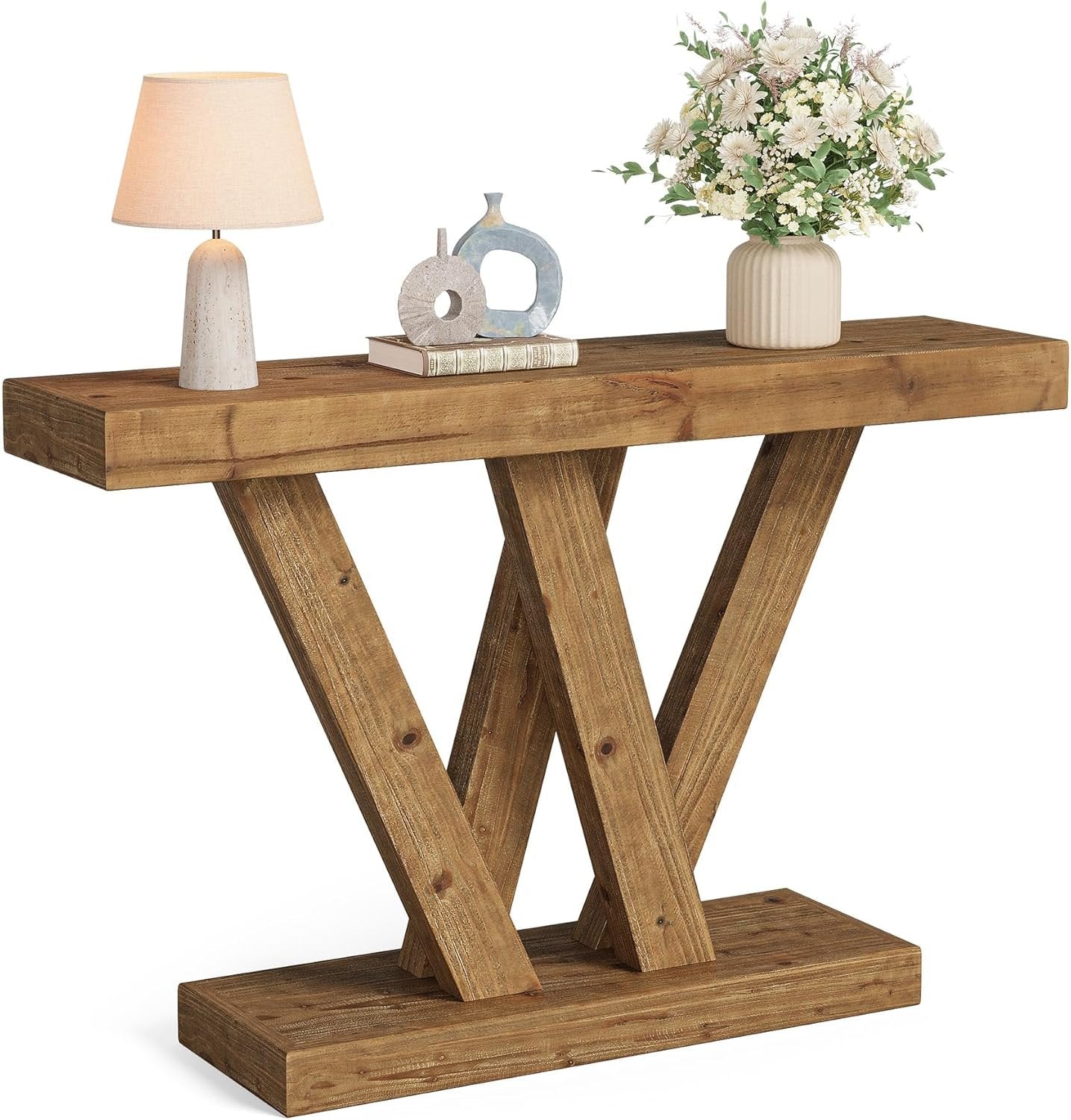 Tribesigns Table console en bois massif 120 cm avec double base en forme de V pour salon