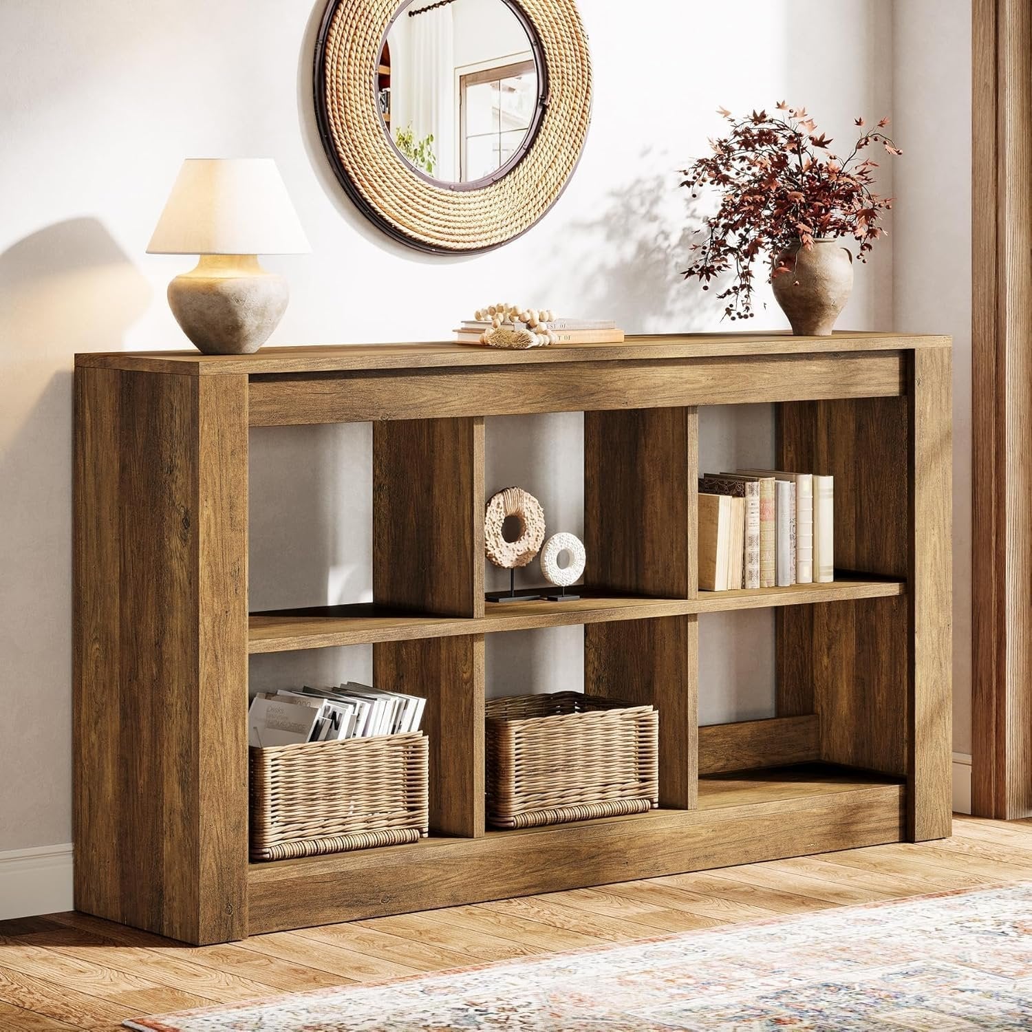 Tribesigns Table console longue en bois rustique avec 6 cubes de rangement 140 × 35 × 85 cm