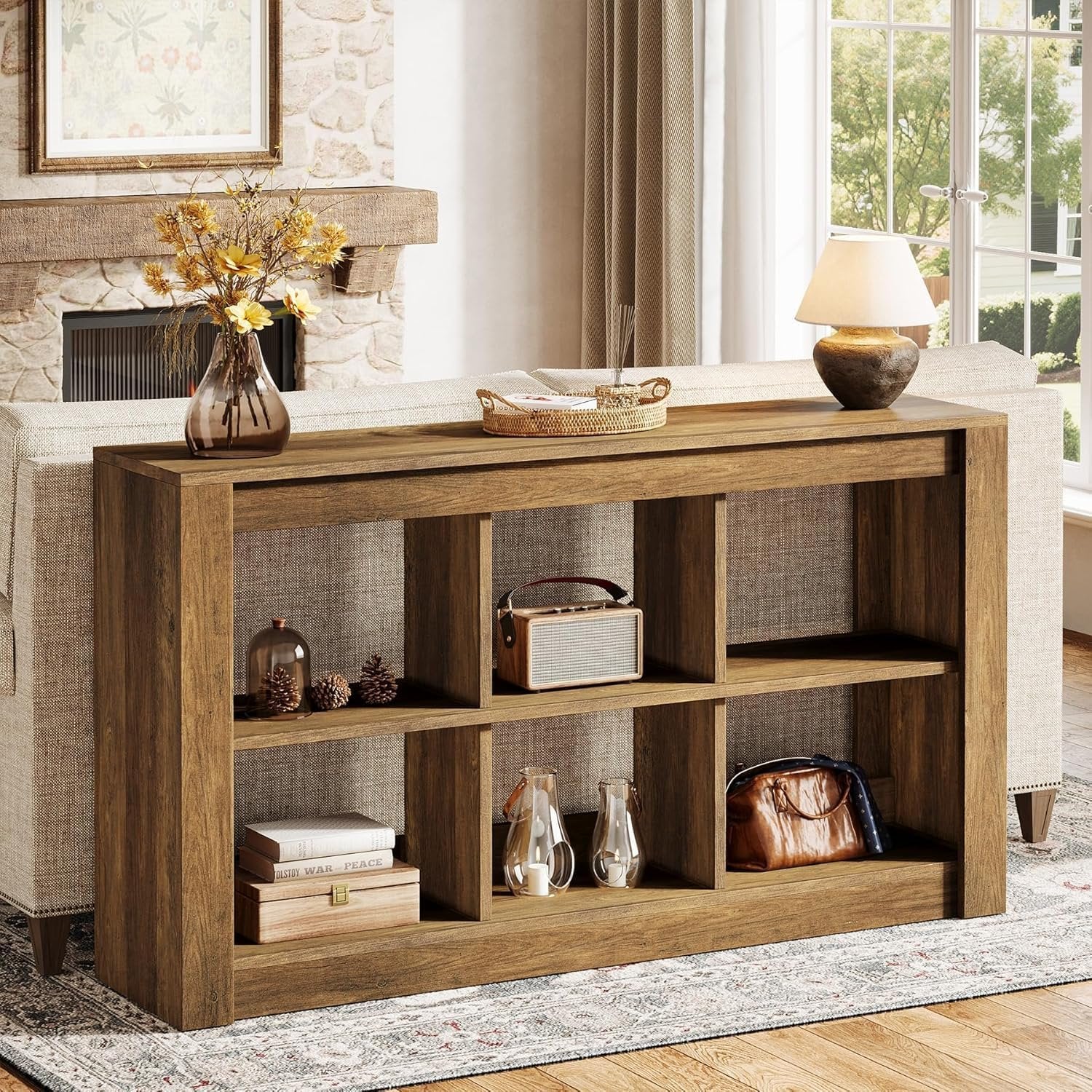 Tribesigns Table console longue en bois rustique avec 6 cubes de rangement 140 × 35 × 85 cm