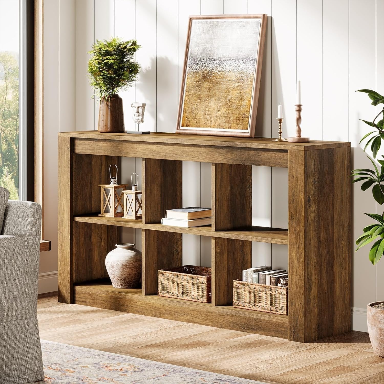 Tribesigns Table console longue en bois rustique avec 6 cubes de rangement 140 × 35 × 85 cm