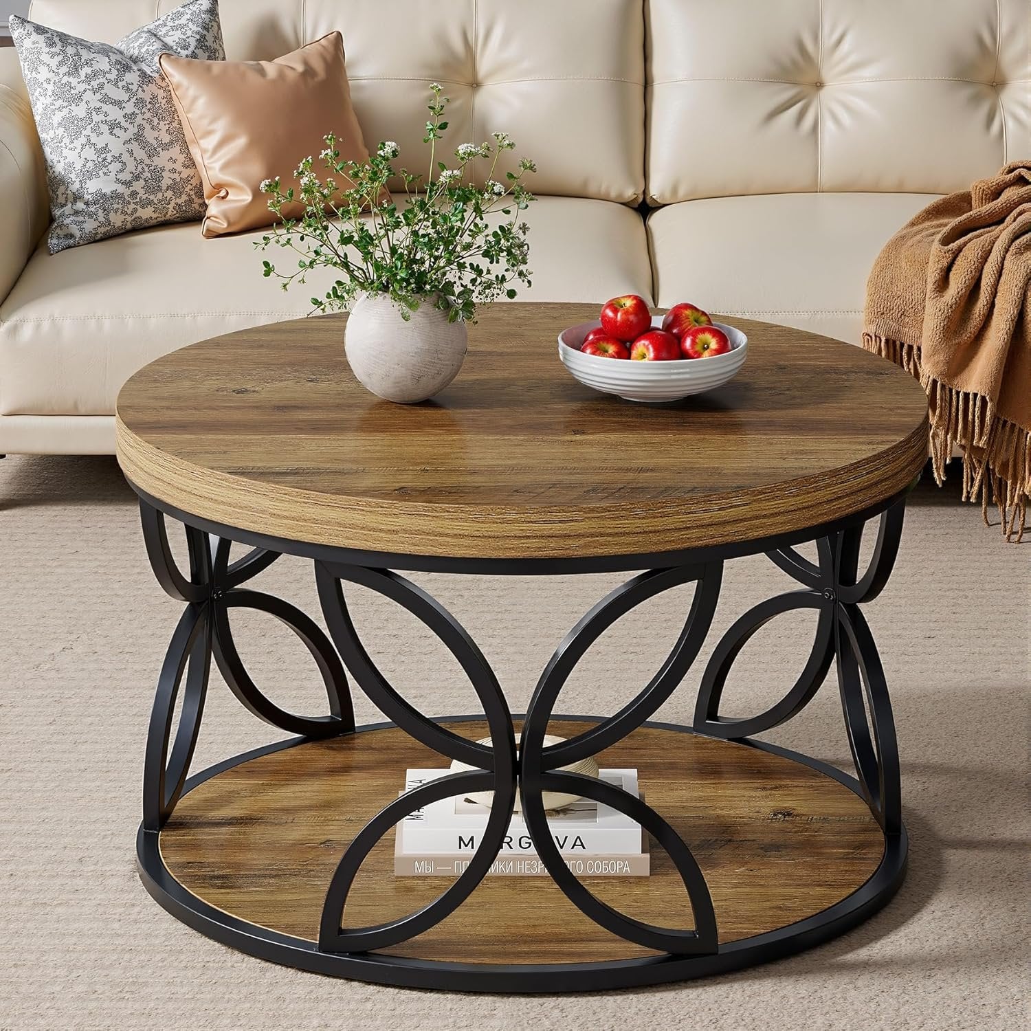 Tribesigns Table Basse Ronde de 80 cm avec Espace de Rangement, Table de Salon à 2 Niveaux