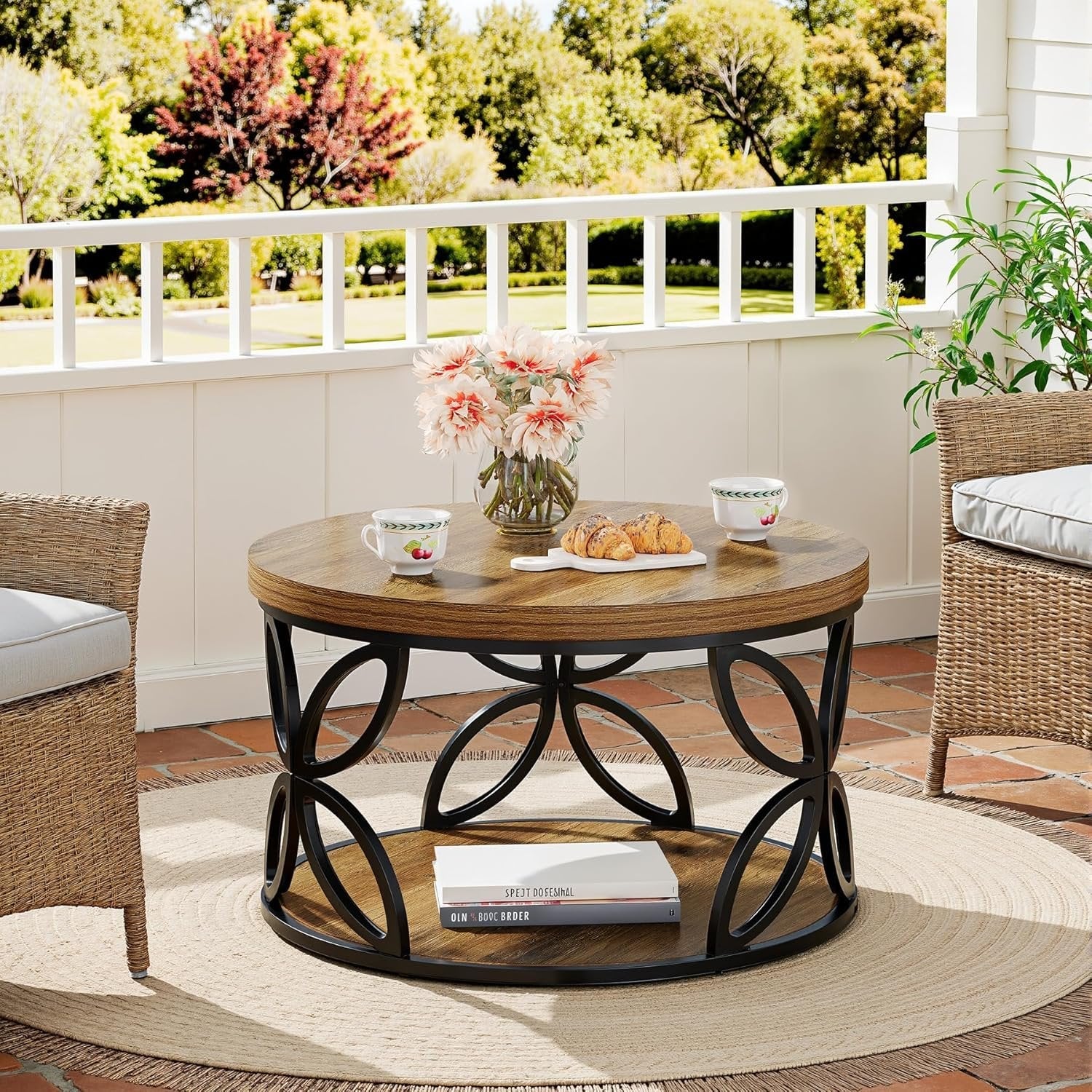 Tribesigns Table Basse Ronde de 80 cm avec Espace de Rangement, Table de Salon à 2 Niveaux