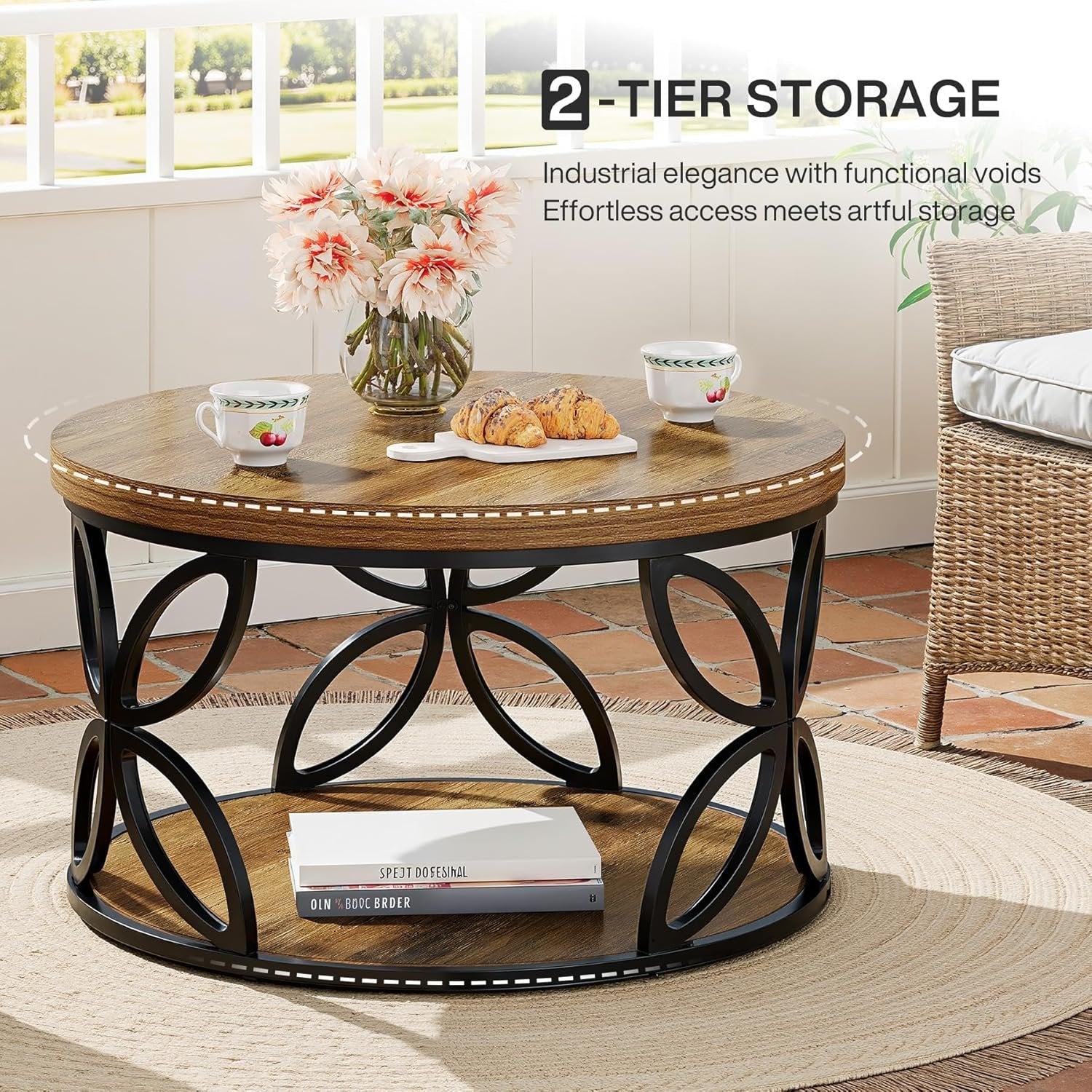 Tribesigns Table Basse Ronde de 80 cm avec Espace de Rangement, Table de Salon à 2 Niveaux