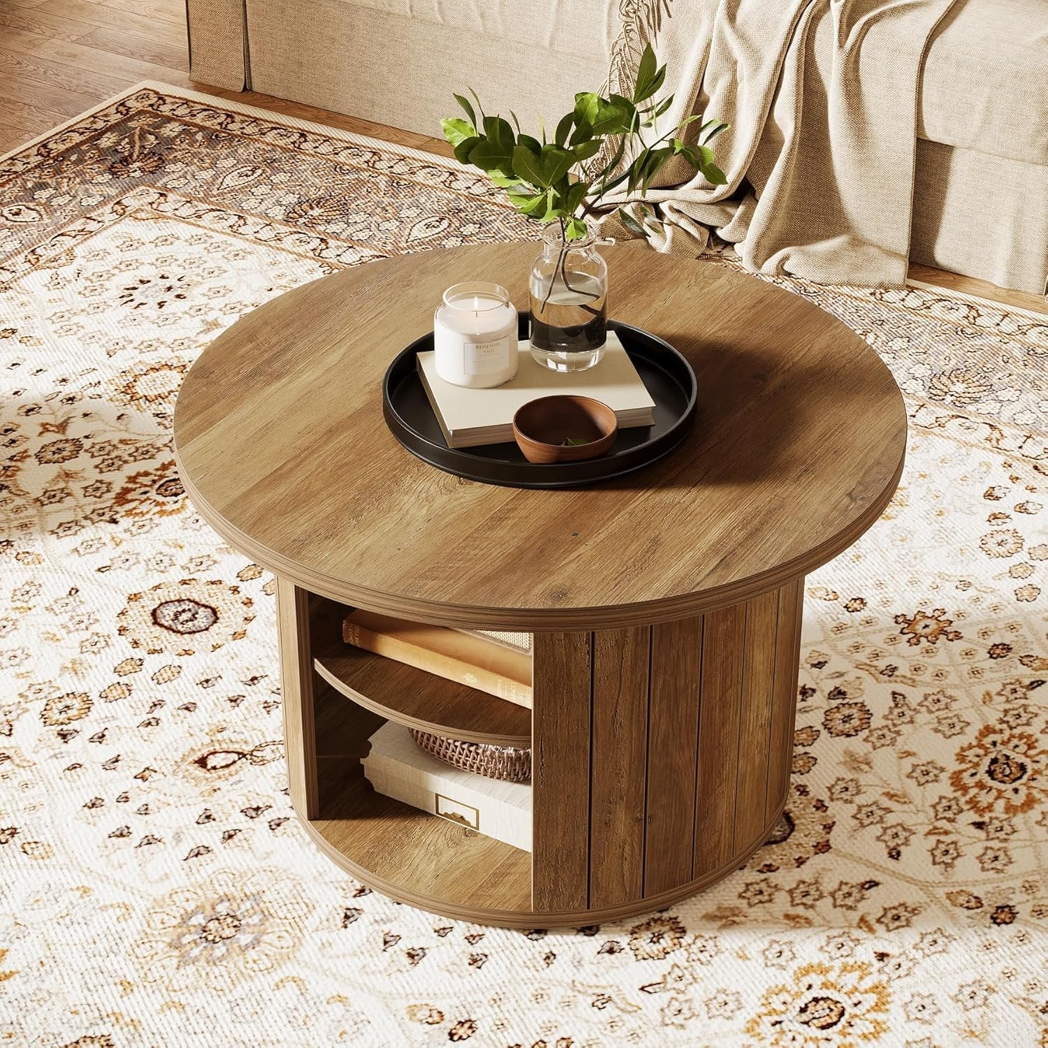 Tribesigns Table Basse Ronde, Table de Salon Circulaire à 2 Niveaux Petite Table Basse Bois
