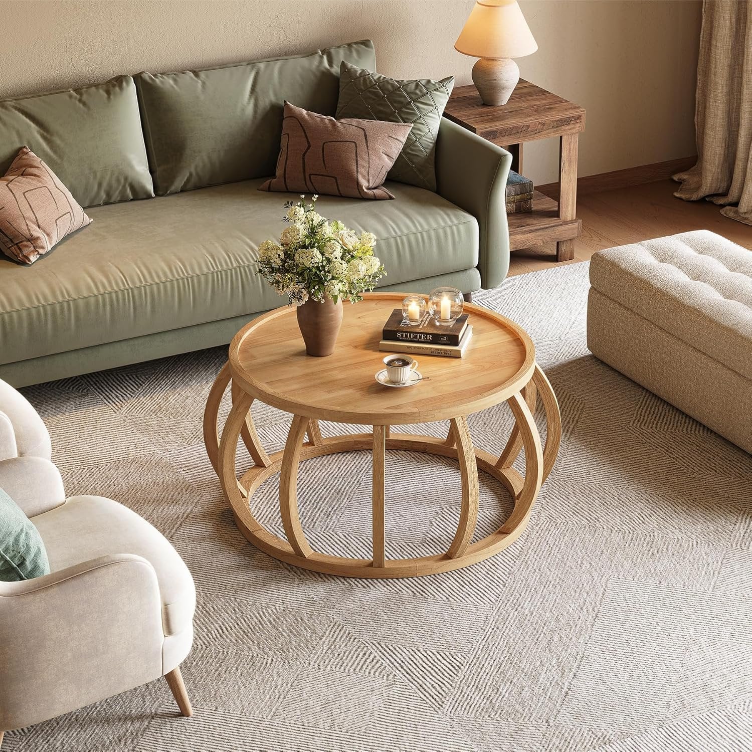 TribeWood Table Basse Ronde, Table Basse Bois Massif 80 cmTable Centrale avec Base Incurvée pour Salon