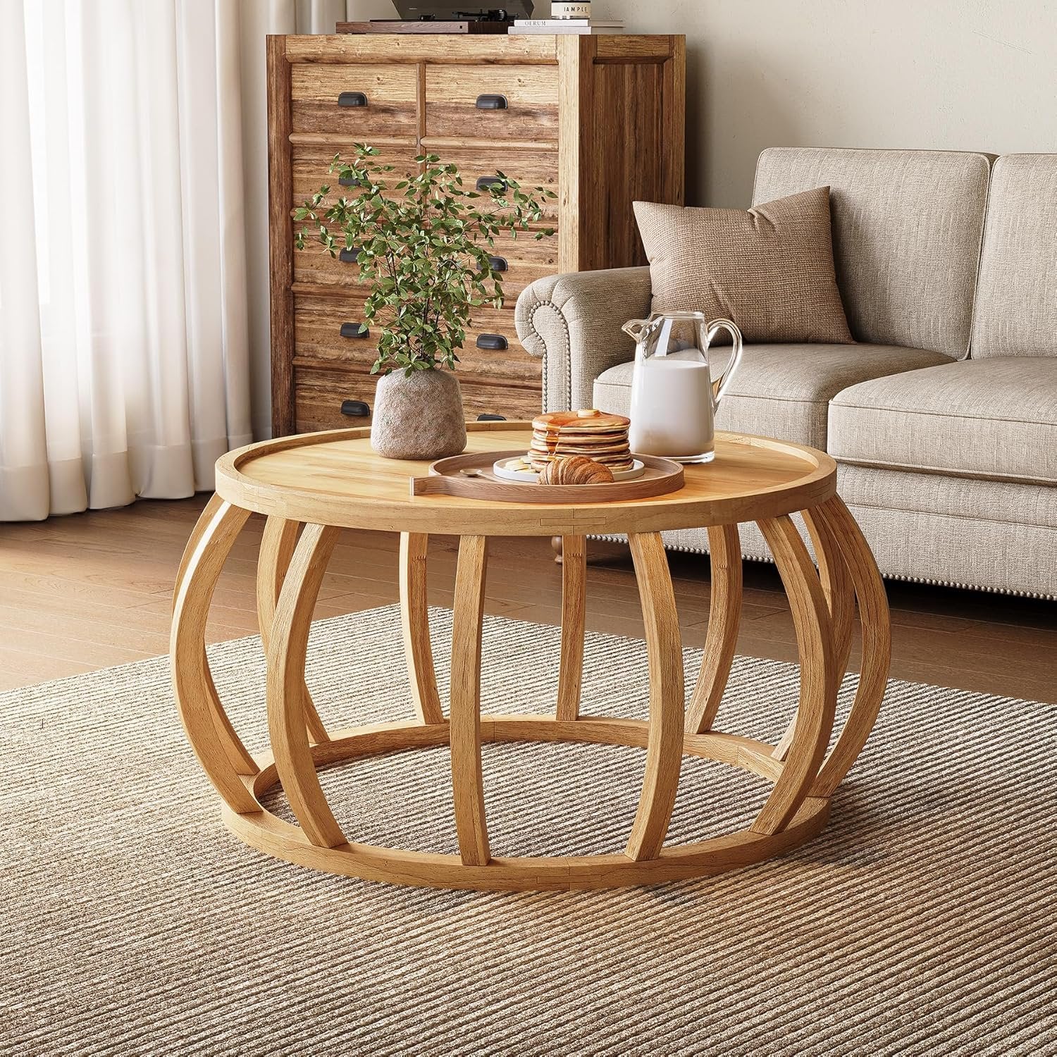TribeWood Table Basse Ronde, Table Basse Bois Massif 80 cmTable Centrale avec Base Incurvée pour Salon