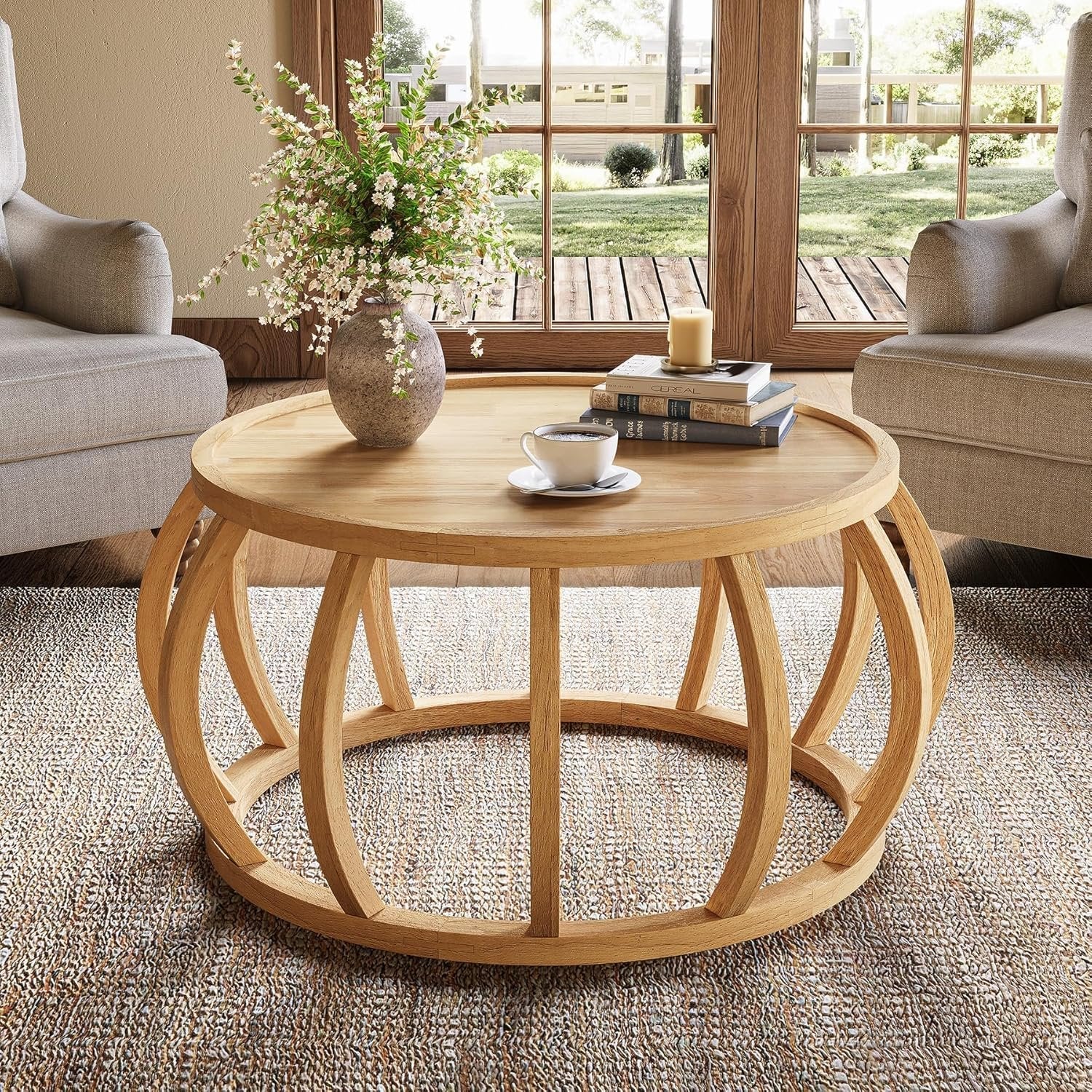 TribeWood Table Basse Ronde, Table Basse Bois Massif 80 cmTable Centrale avec Base Incurvée pour Salon