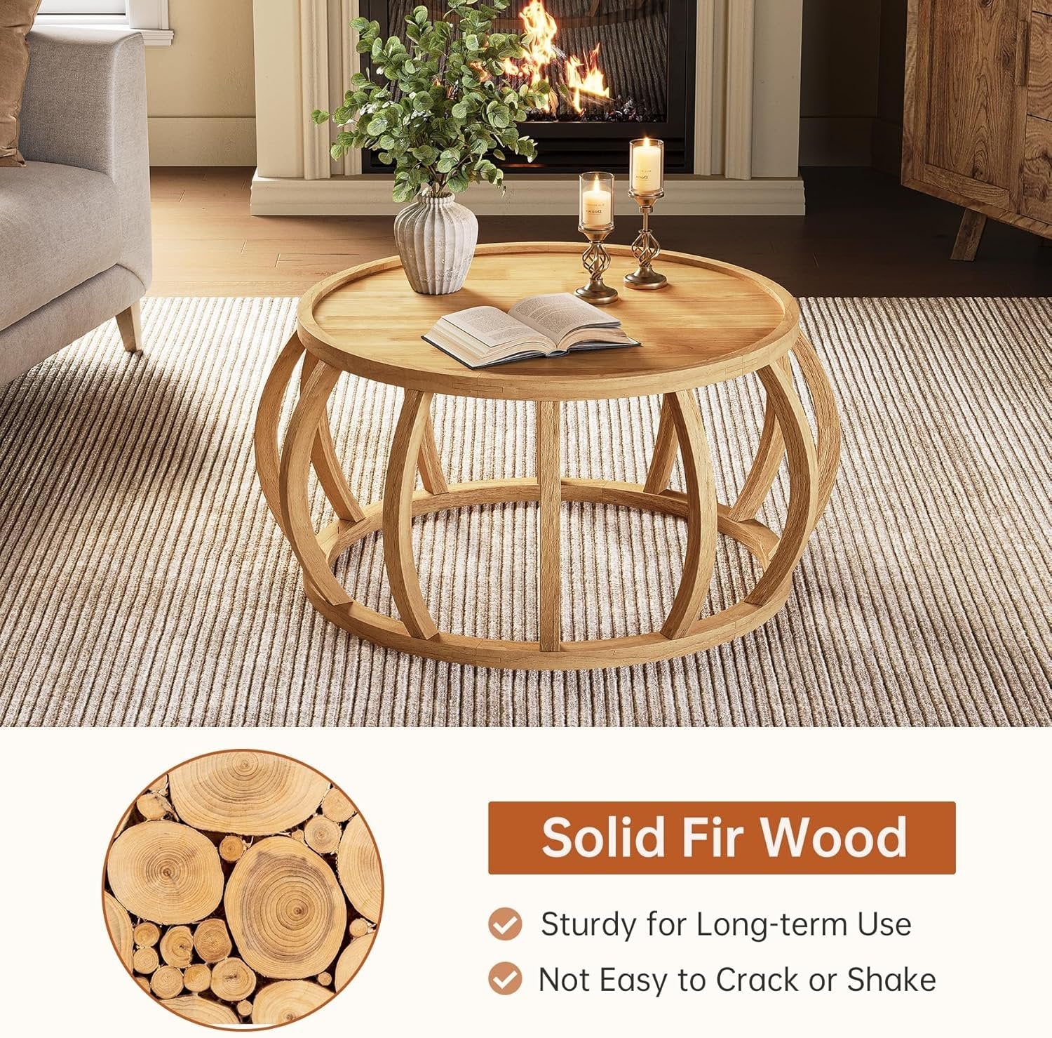 TribeWood Table Basse Ronde, Table Basse Bois Massif 80 cmTable Centrale avec Base Incurvée pour Salon