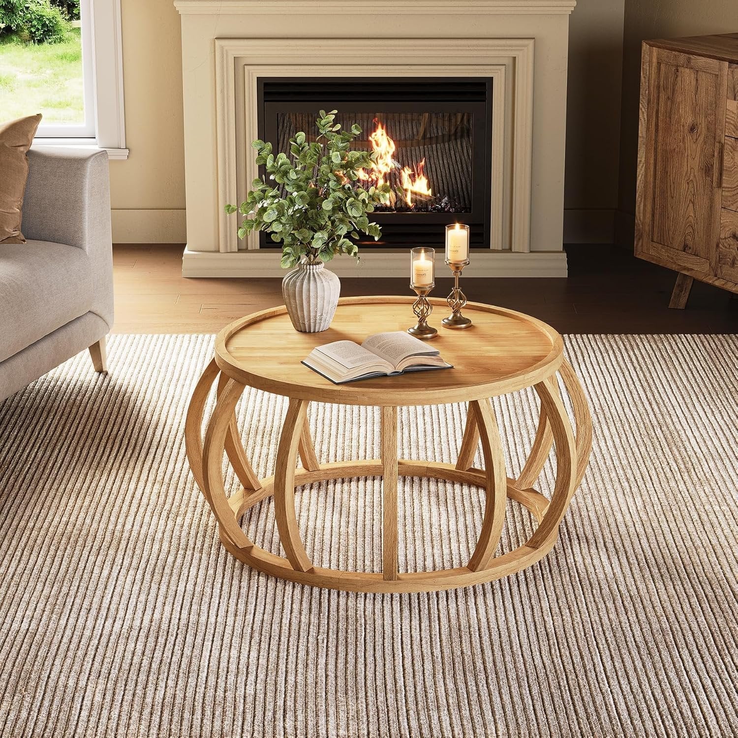 TribeWood Table Basse Ronde, Table Basse Bois Massif 80 cmTable Centrale avec Base Incurvée pour Salon