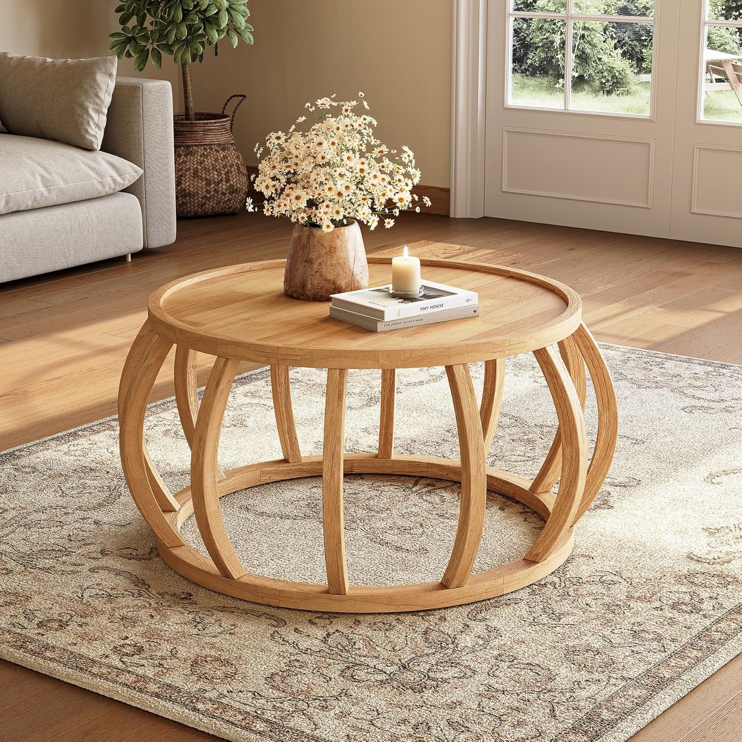 TribeWood Table Basse Ronde, Table Basse Bois Massif 80 cmTable Centrale avec Base Incurvée pour Salon
