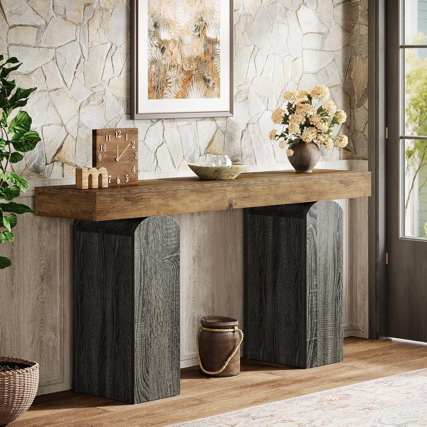 Tribesigns Table console de couloir de 160 cm de long, Style champêtre avec 2 pieds en forme de colonne incurvée