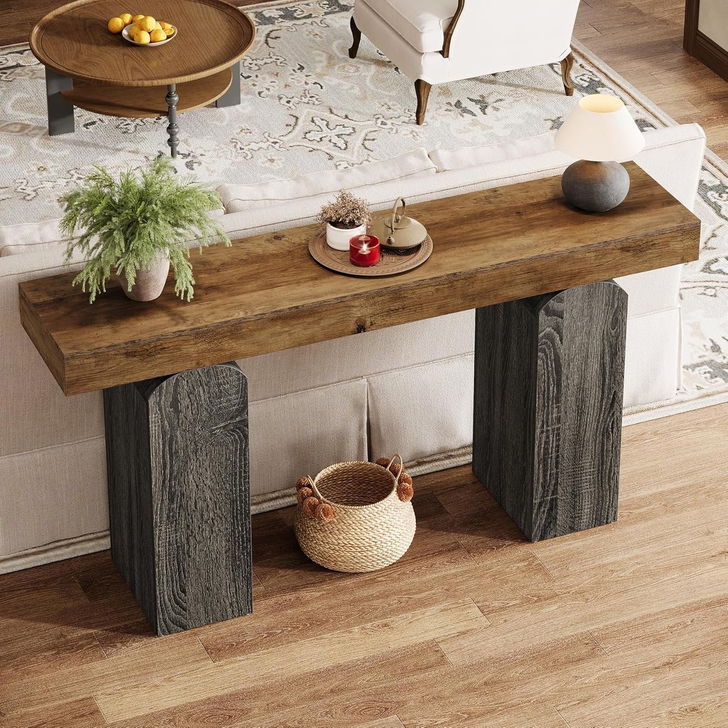 Tribesigns Table console de couloir de 160 cm de long, Style champêtre avec 2 pieds en forme de colonne incurvée