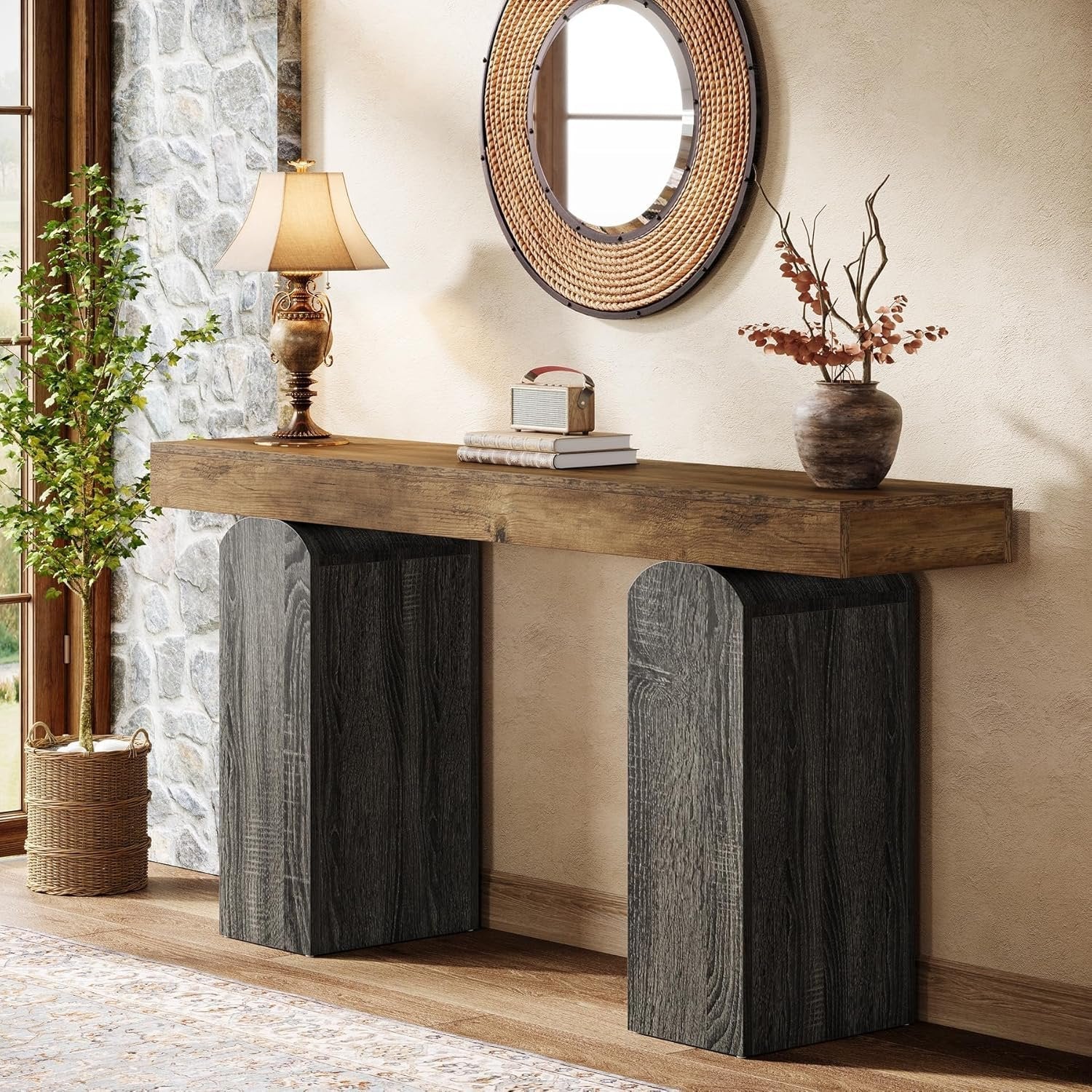 Tribesigns Table console de couloir de 160 cm de long, Style champêtre avec 2 pieds en forme de colonne incurvée