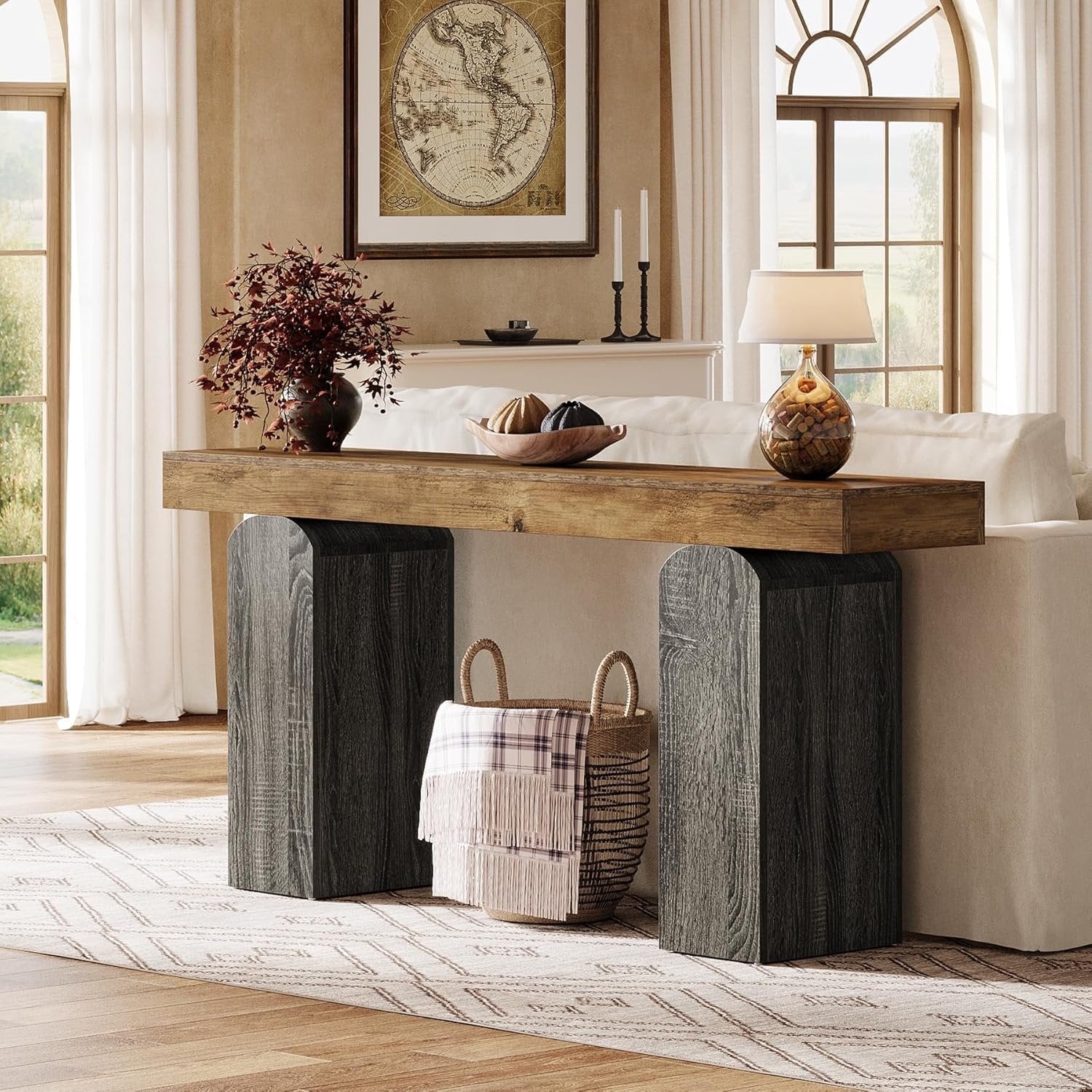 Tribesigns Table console de couloir de 160 cm de long, Style champêtre avec 2 pieds en forme de colonne incurvée