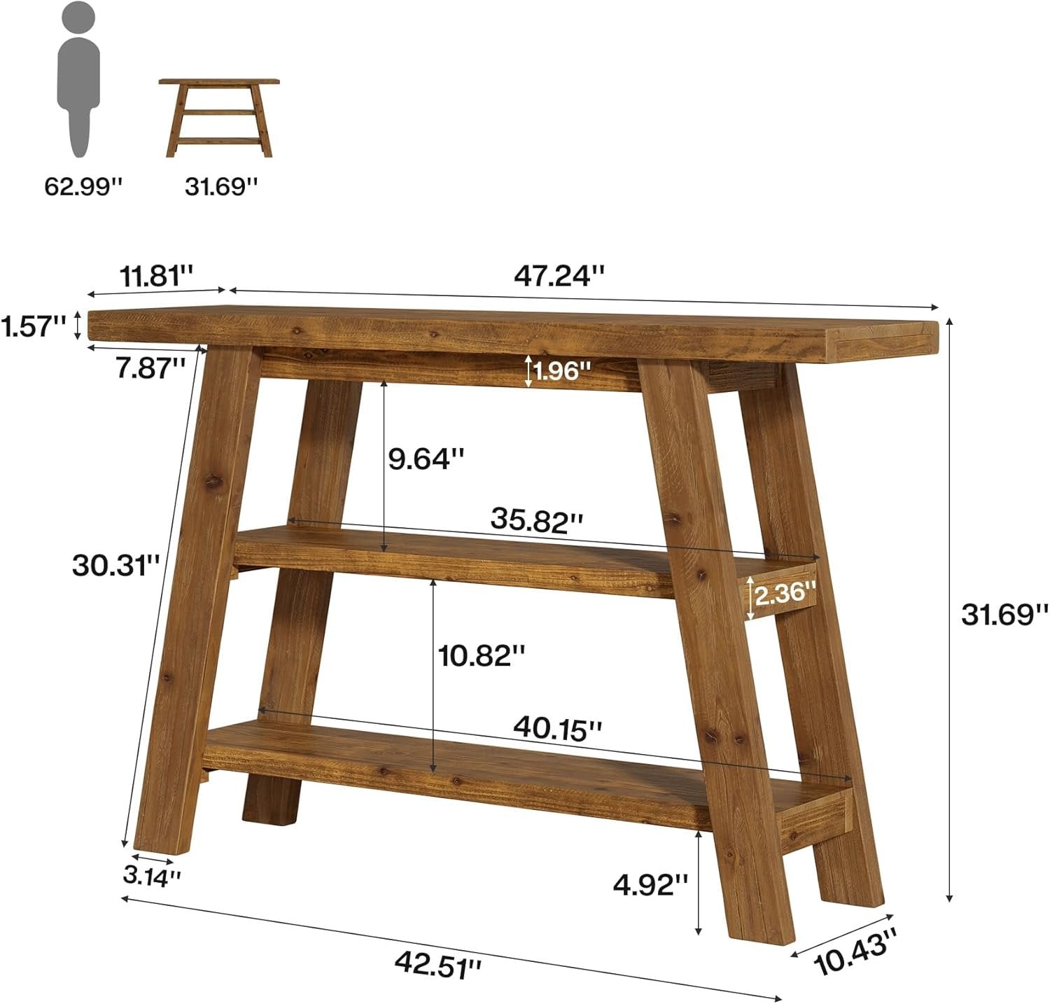 Tribesigns Table console en bois massif de 120 cm de long avec étagères à 3 niveaux