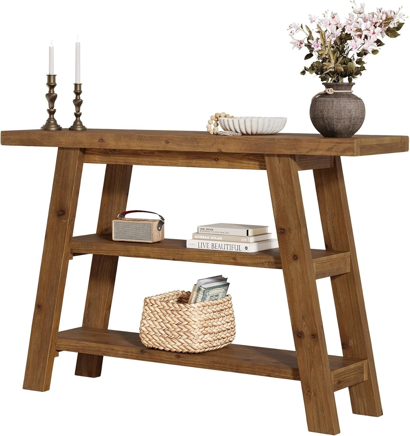 Tribesigns Table console en bois massif de 120 cm de long avec étagères à 3 niveaux