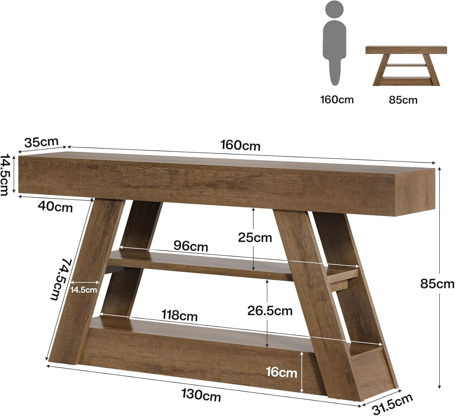 Tribesigns Farmhouse Table console rustique 160 cm avec espace de rangement à 3 niveaux