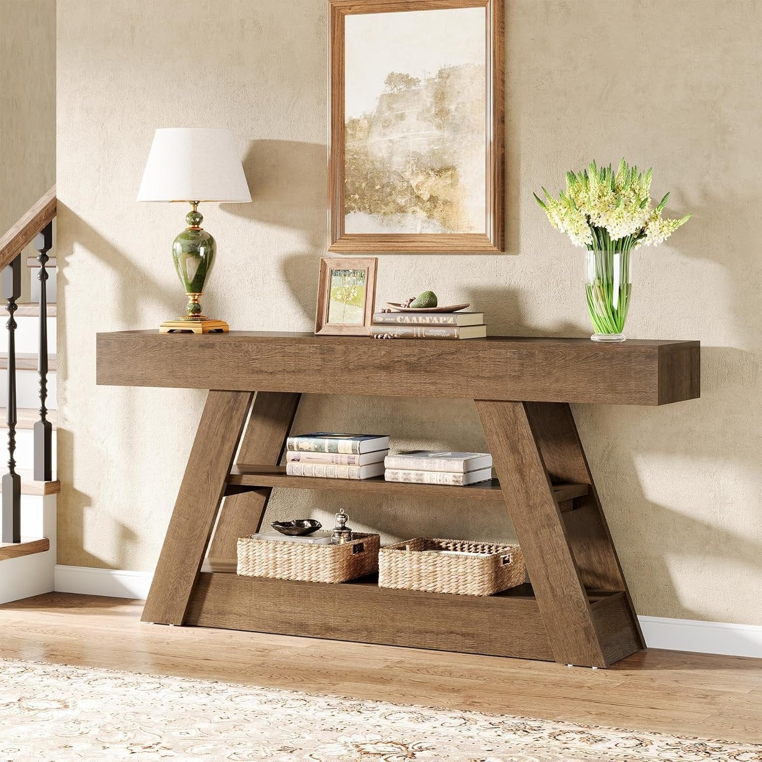 Tribesigns Farmhouse Table console rustique 160 cm avec espace de rangement à 3 niveaux