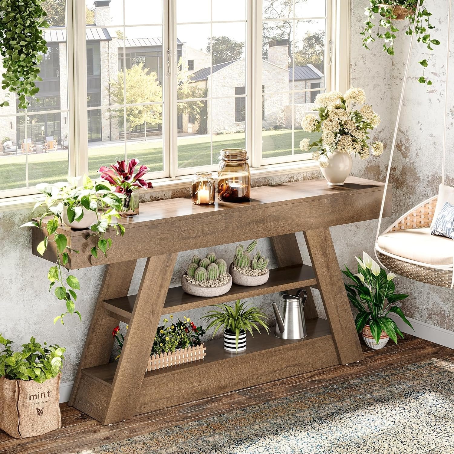 Tribesigns Farmhouse Table console rustique 160 cm avec espace de rangement à 3 niveaux