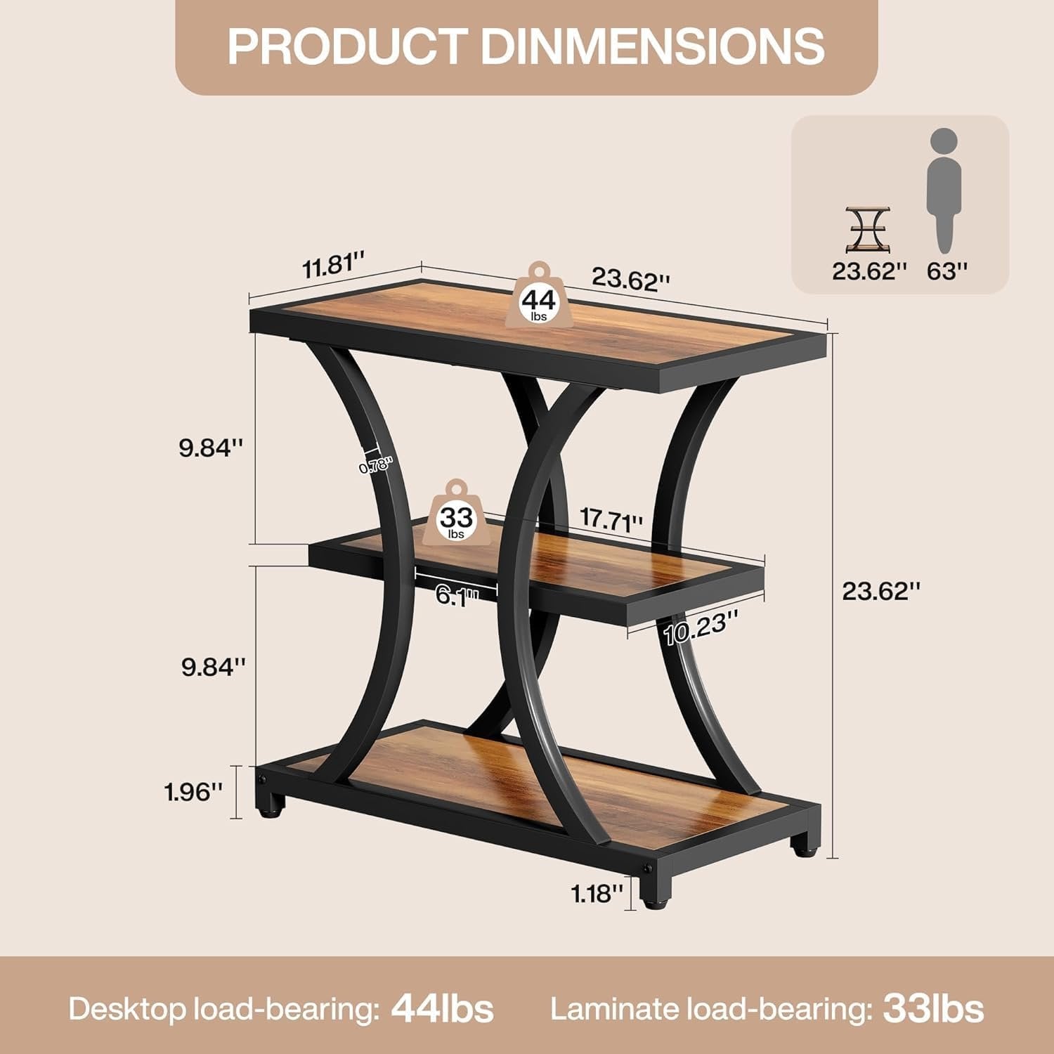 Tribesigns Table d'appoint avec espace de rangement, Table d'appoint à 3 niveaux avec design géométrique en métal